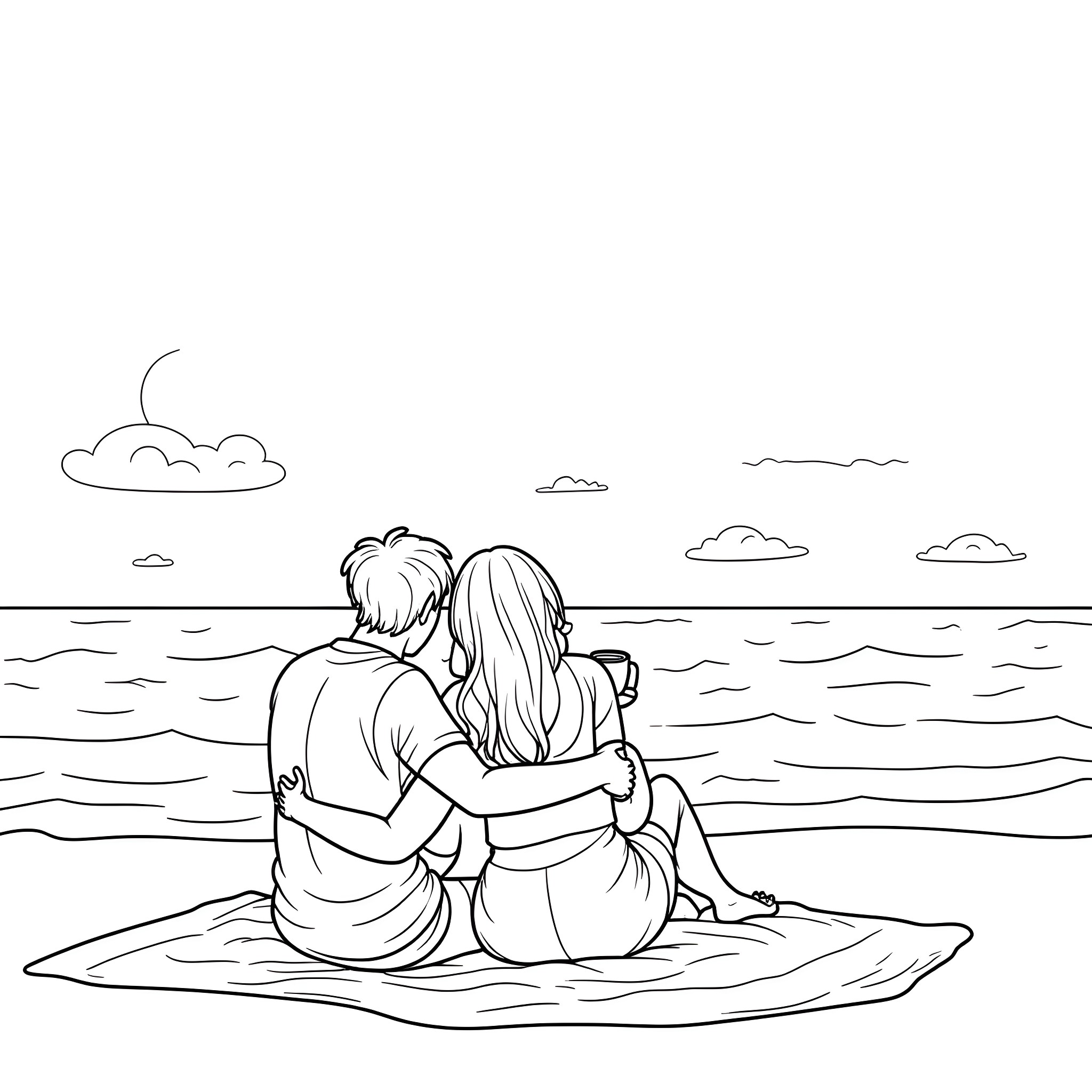 Couple embracing on the beach Coloring Page (free black-and-white line drawing printable PDF for all, from beginners to advanced learners, including children, teens, adults, and seniors)