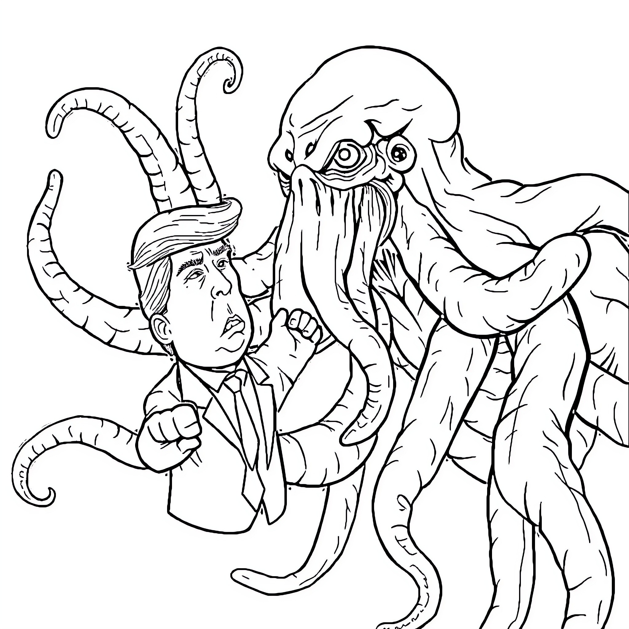 Cthulhu Battles Fearless Explorer in Epic Confrontation Coloring Page (free black-and-white line drawing printable PDF for all, from beginners to advanced learners, including children, teens, adults, and seniors)