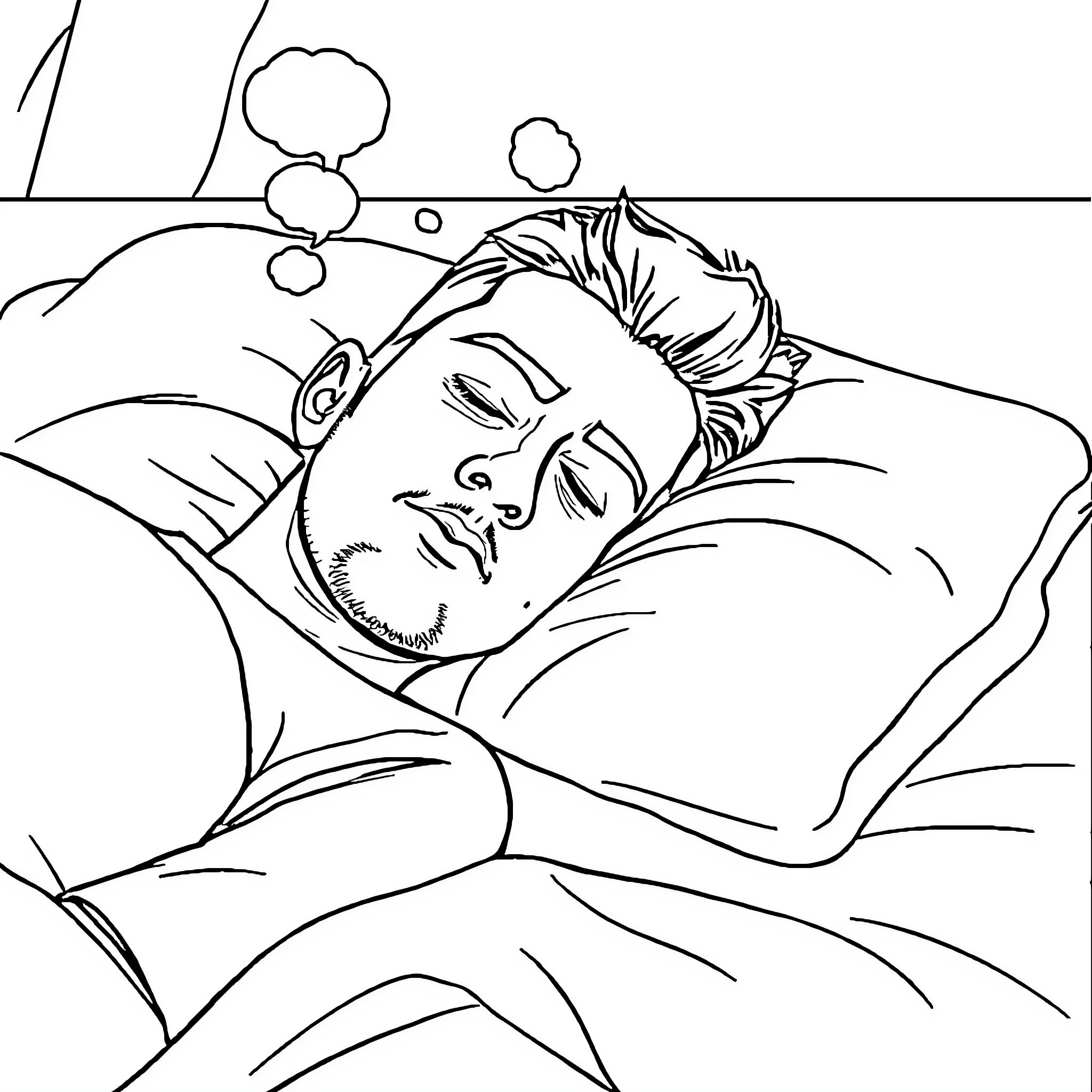 Man sleeping peacefully on a bed Coloring Page (free black-and-white line drawing printable PDF for all, from beginners to advanced learners, including children, teens, adults, and seniors)