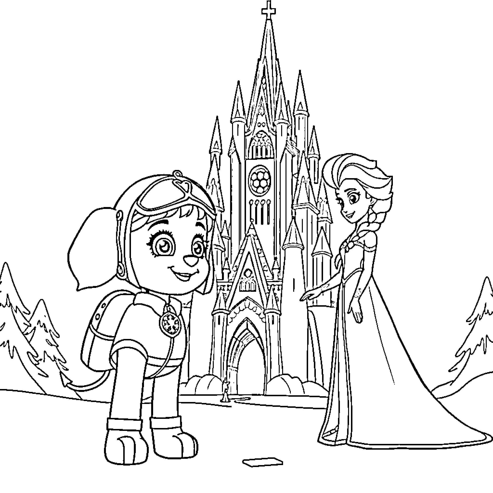 Skye's Adventure at the Enchanted Castle Coloring Page (free black-and-white line drawing printable PDF for all, from beginners to advanced learners, including children, teens, adults, and seniors)