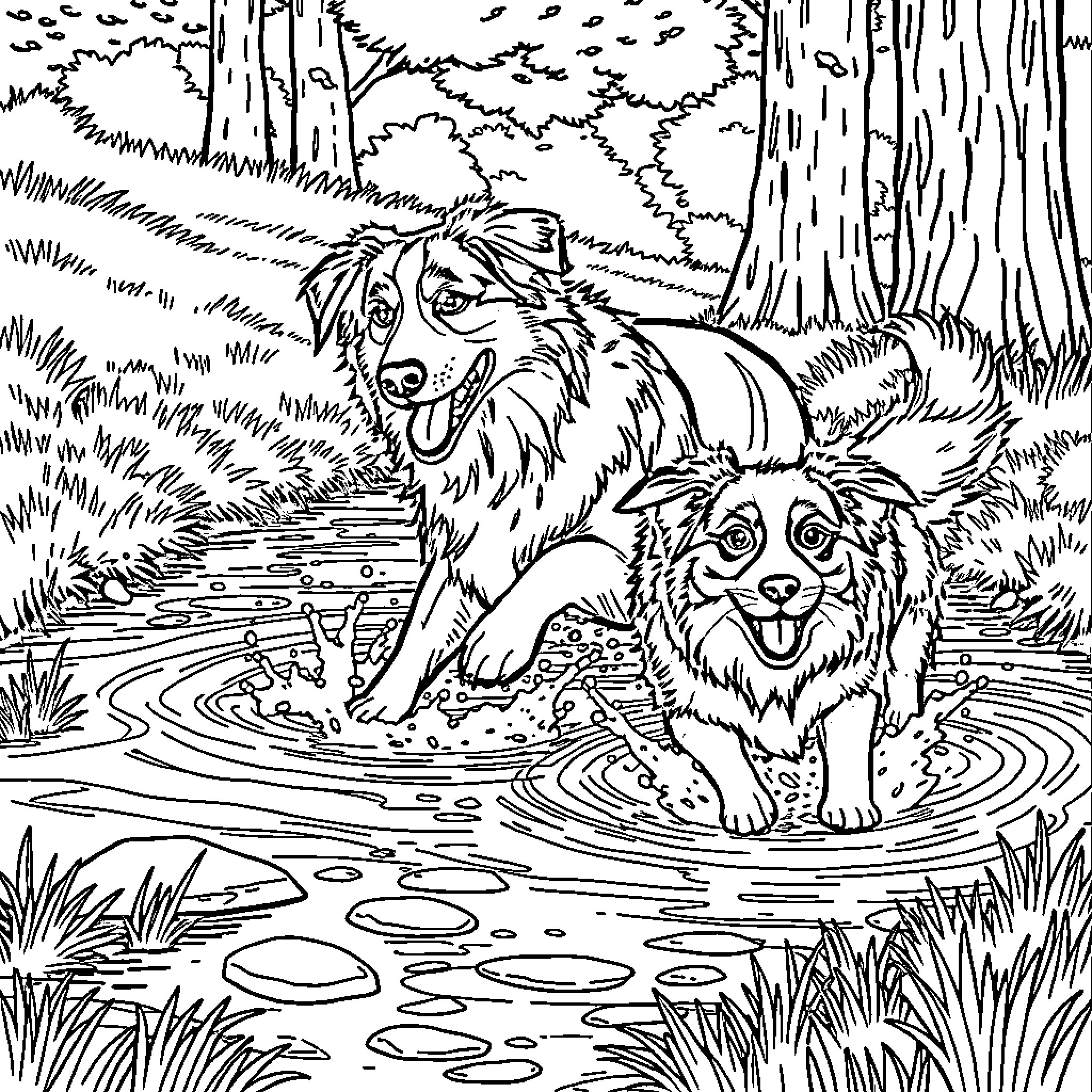 Dogs Playing in the Forest Stream Coloring Page (free black-and-white line drawing printable PDF for all, from beginners to advanced learners, including children, teens, adults, and seniors)