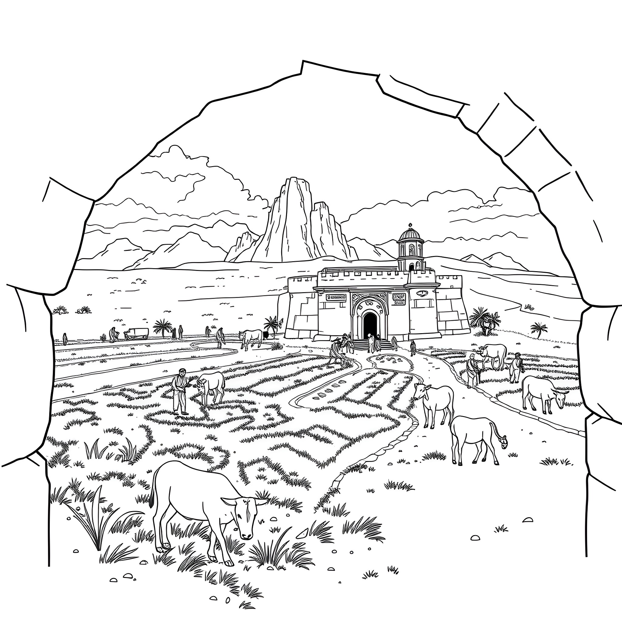 Farm scene with rural village and mountain landscape Coloring Page (free black-and-white line drawing printable PDF for all, from beginners to advanced learners, including children, teens, adults, and seniors)