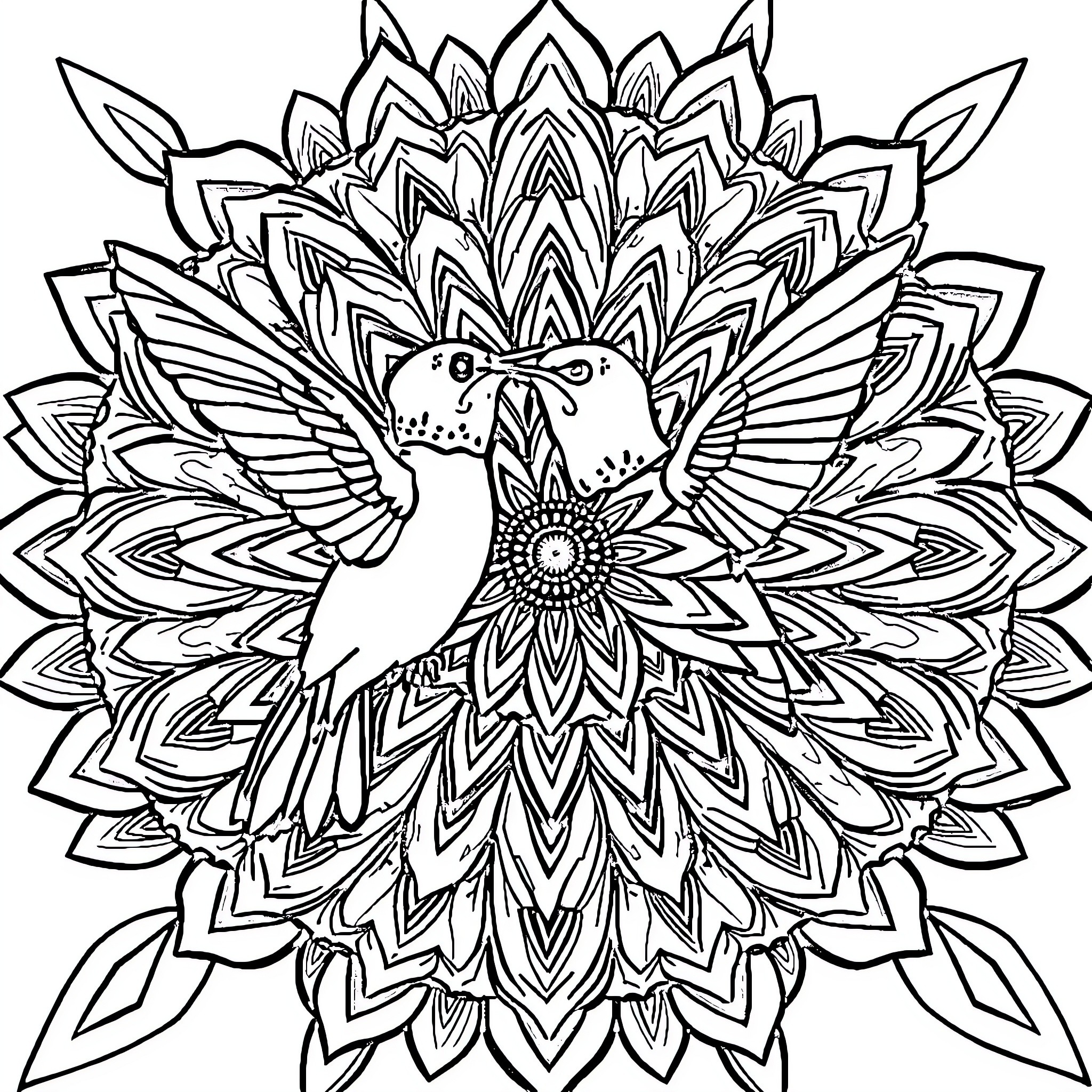 Hummingbird in Ornate Floral Mandala Coloring Page (free black-and-white line drawing printable PDF for all, from beginners to advanced learners, including children, teens, adults, and seniors)