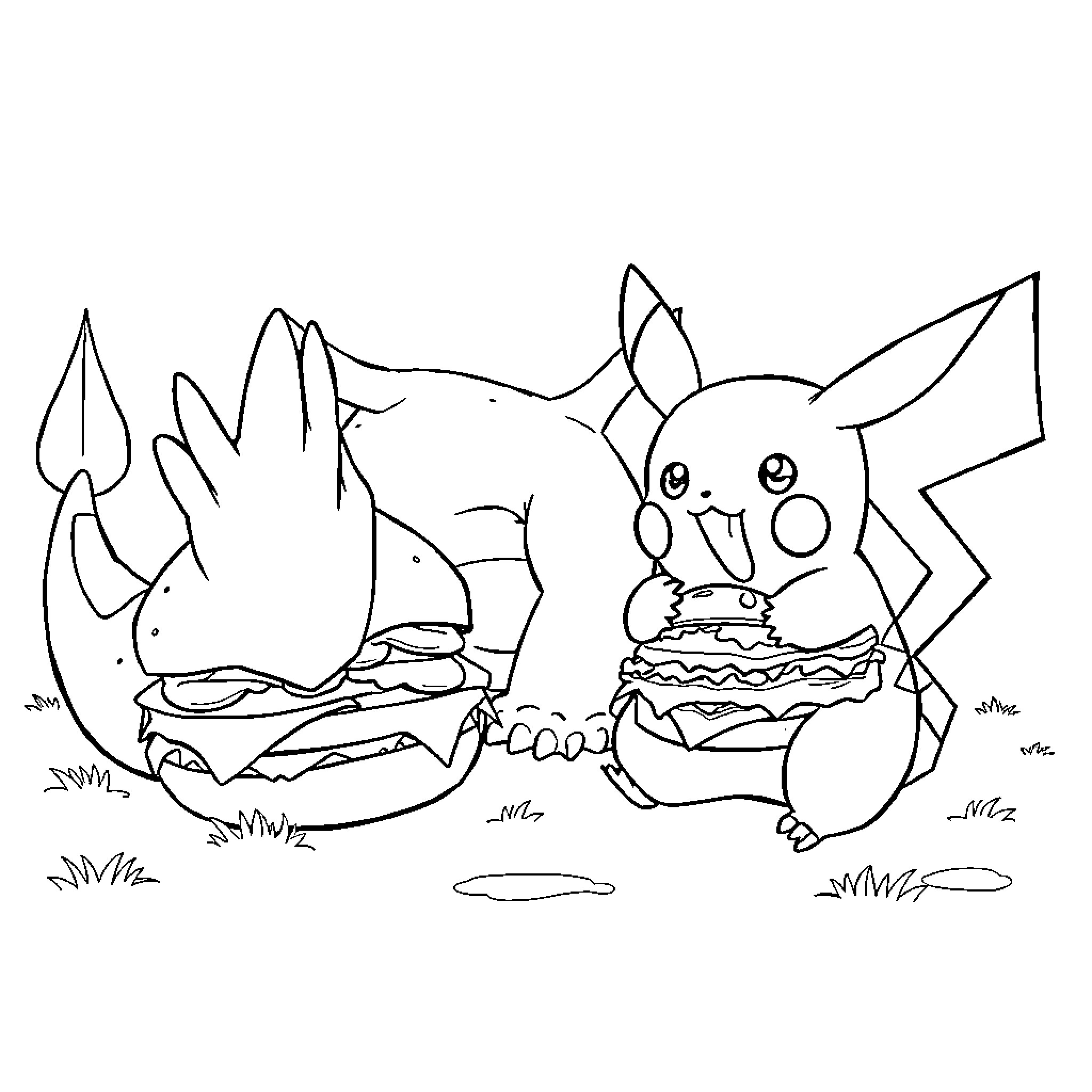 Pikachu enjoying a picnic with friends Coloring Page (free black-and-white line drawing printable PDF for all, from beginners to advanced learners, including children, teens, adults, and seniors)