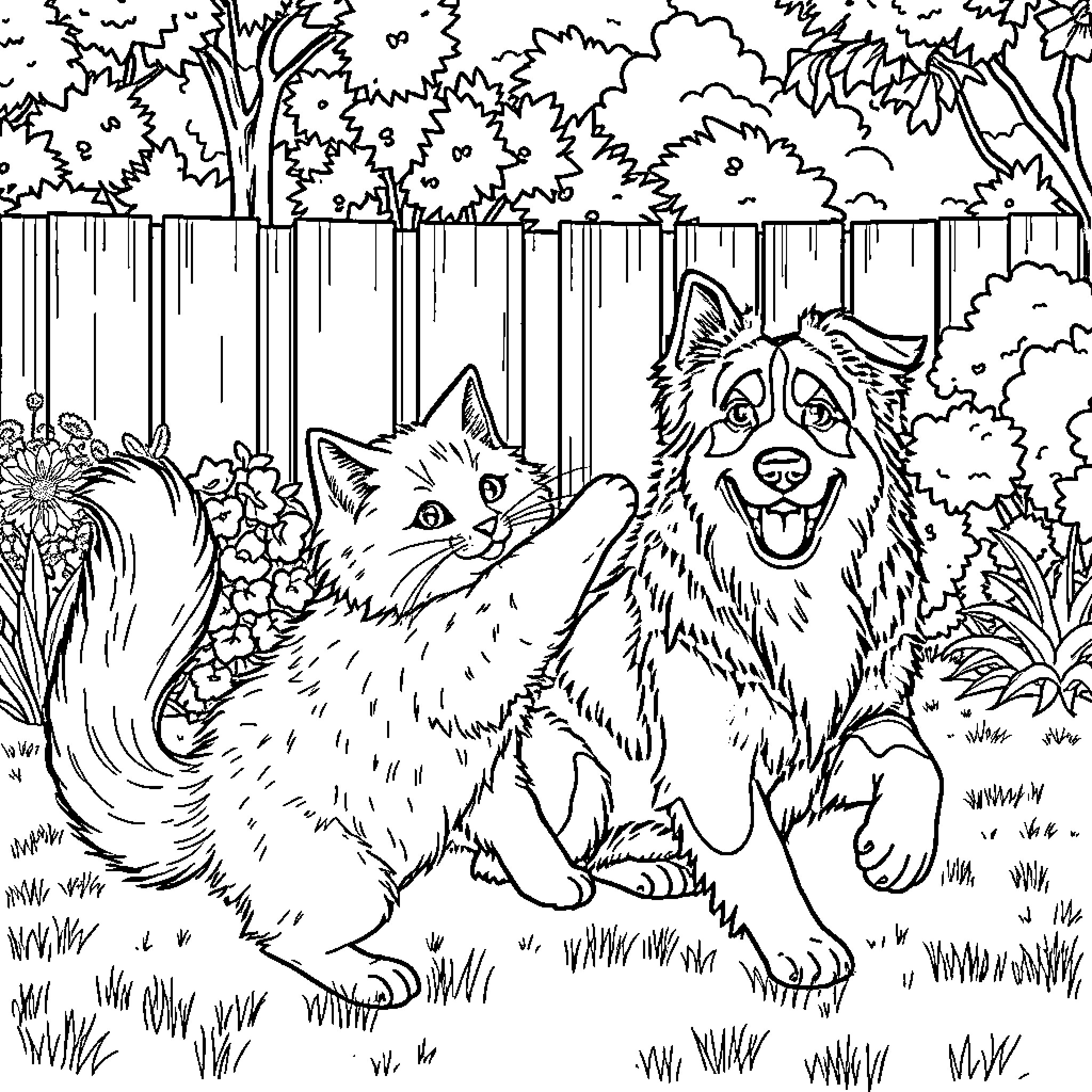 Cat and Dog Playing Together in the Garden Coloring Page (free black-and-white line drawing printable PDF for all, from beginners to advanced learners, including children, teens, adults, and seniors)