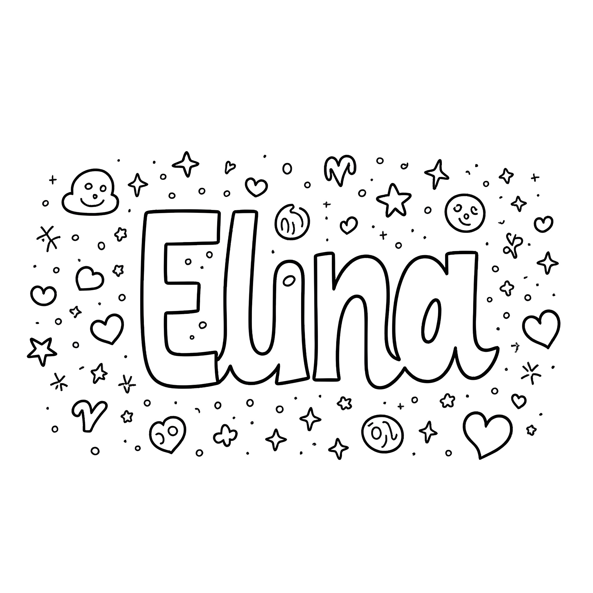 Elina's Joyful Doodle Art Coloring Page (free black-and-white line drawing printable PDF for all, from beginners to advanced learners, including children, teens, adults, and seniors)