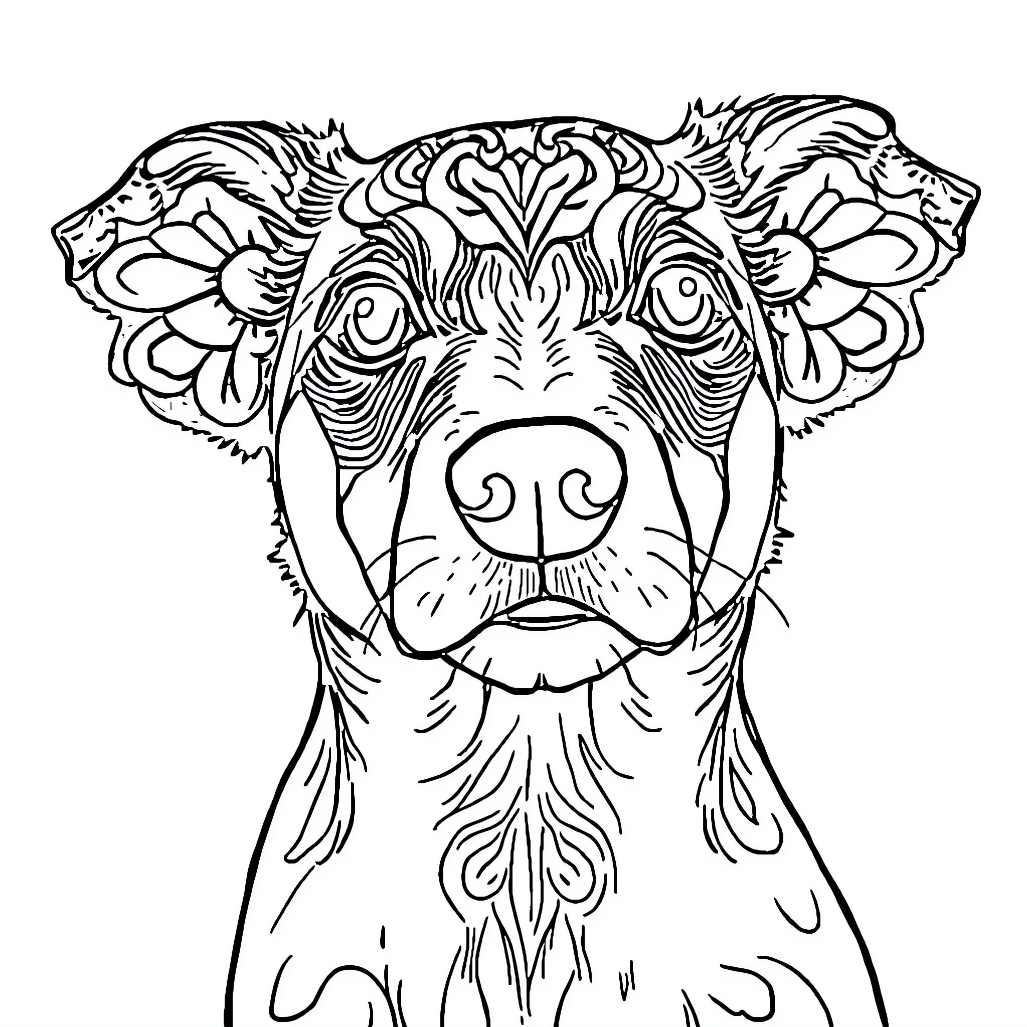 Dog with intricate floral design Coloring Page (free black-and-white line drawing printable PDF for all, from beginners to advanced learners, including children, teens, adults, and seniors)