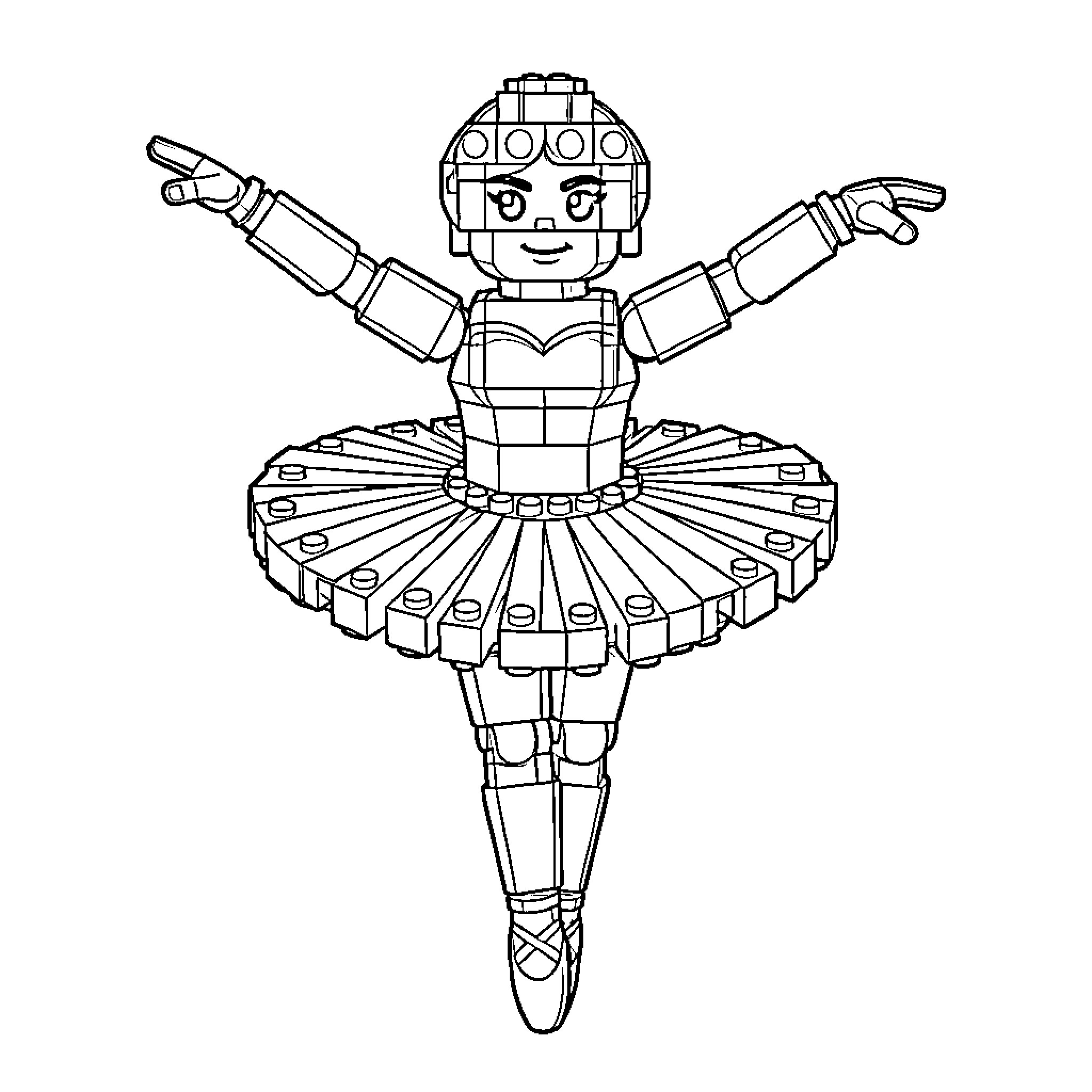 Ballerina figure performing a dance pose in a tutu Coloring Page (free black-and-white line drawing printable PDF for all, from beginners to advanced learners, including children, teens, adults, and seniors)