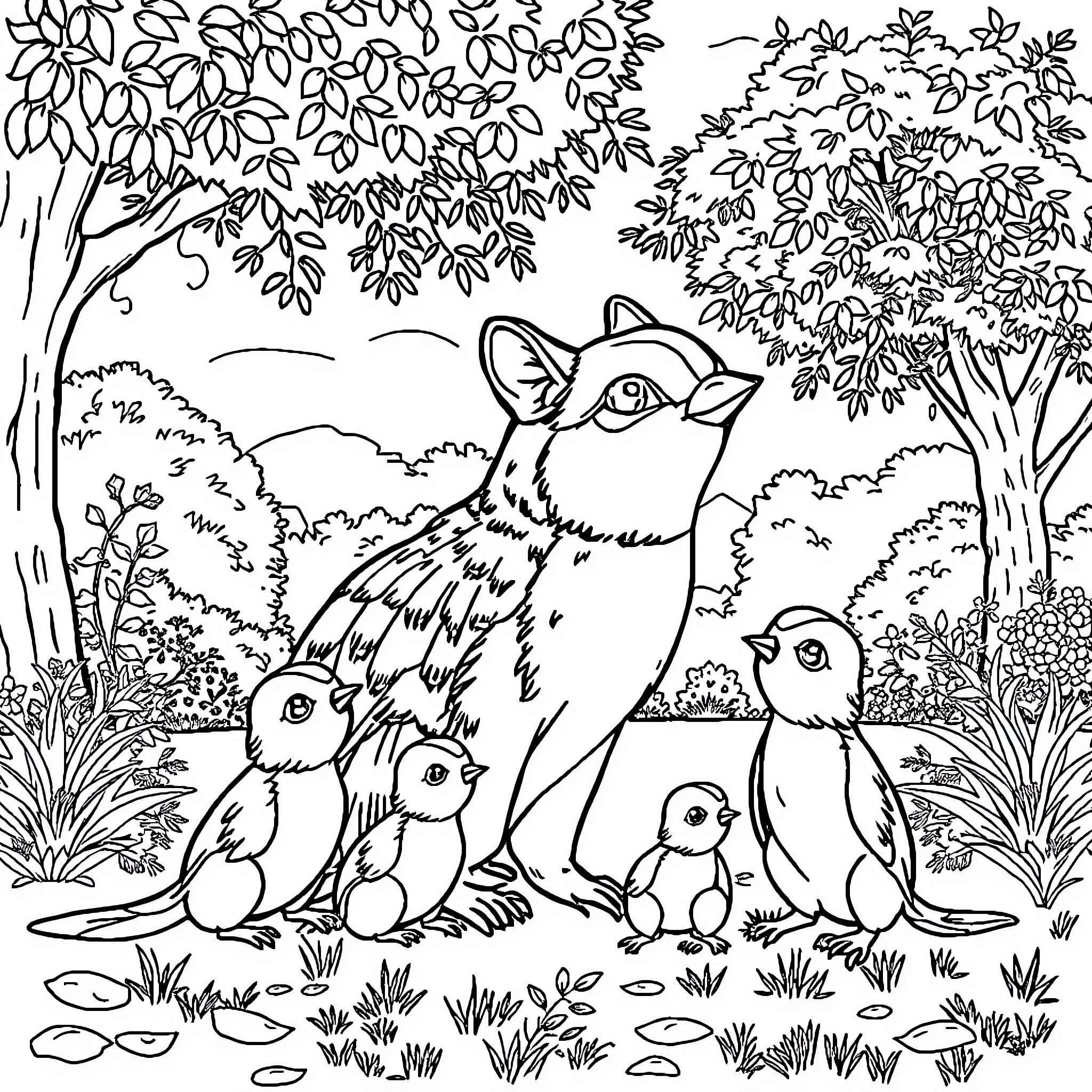Poodle Family in Lush Woodland Scene Coloring Page (free black-and-white line drawing printable PDF for all, from beginners to advanced learners, including children, teens, adults, and seniors)