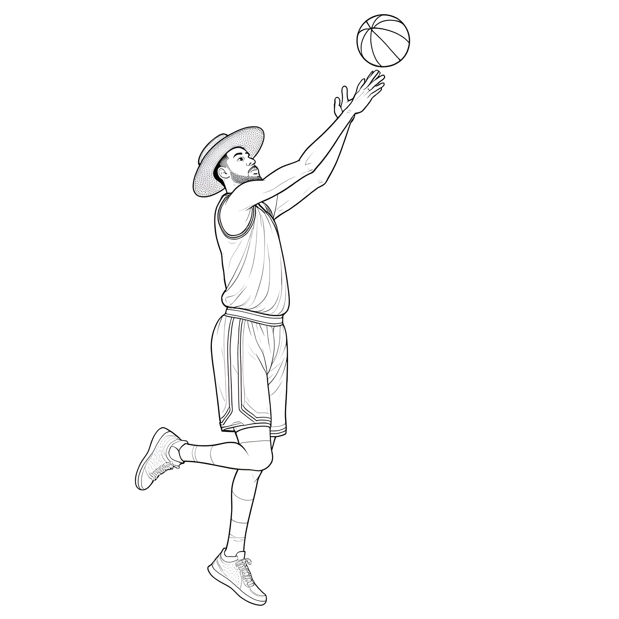Farmer playing basketball in the field Coloring Page (free black-and-white line drawing printable PDF for all, from beginners to advanced learners, including children, teens, adults, and seniors)