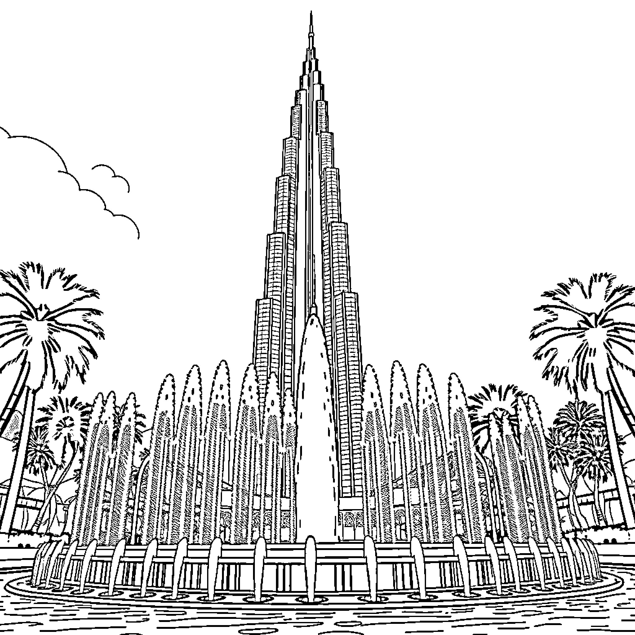 Burj Khalifa towering over fireworks display Coloring Page (free black-and-white line drawing printable PDF for all, from beginners to advanced learners, including children, teens, adults, and seniors)
