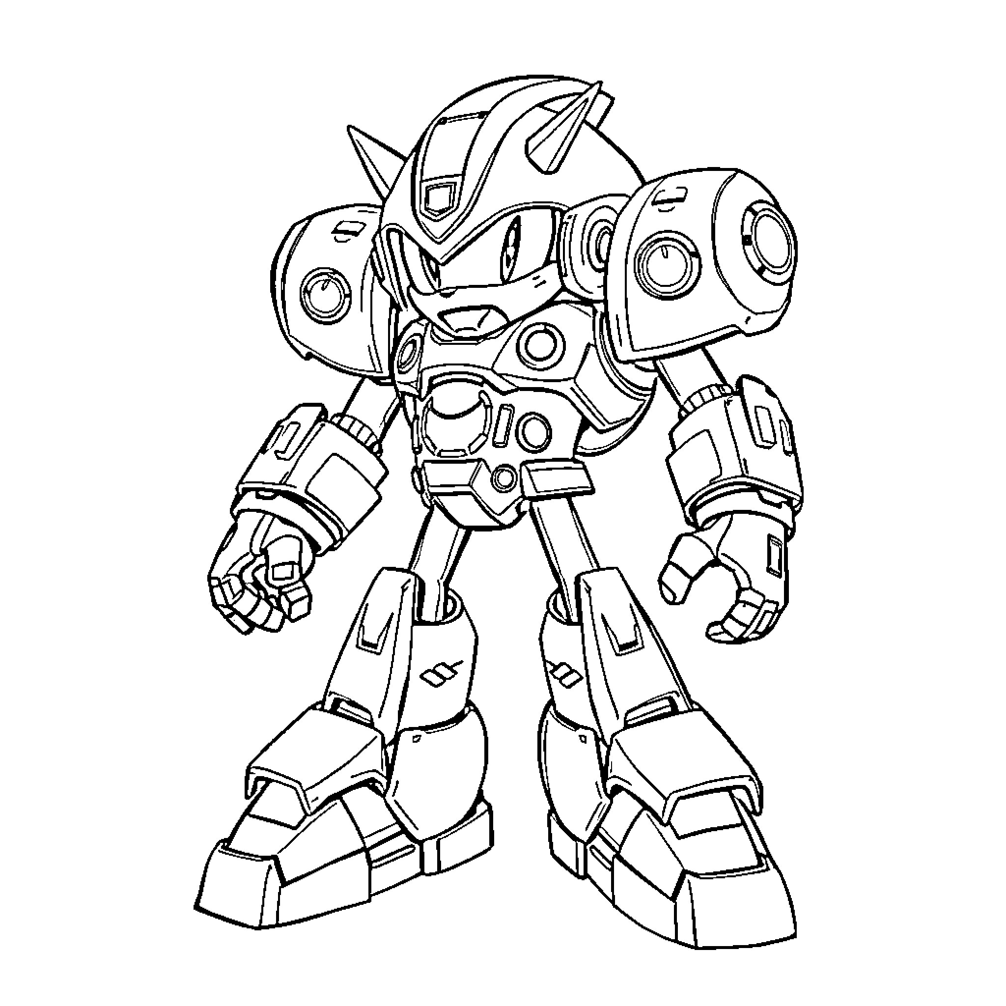 Mech Suit Warrior in Action Pose Coloring Page (free black-and-white line drawing printable PDF for all, from beginners to advanced learners, including children, teens, adults, and seniors)