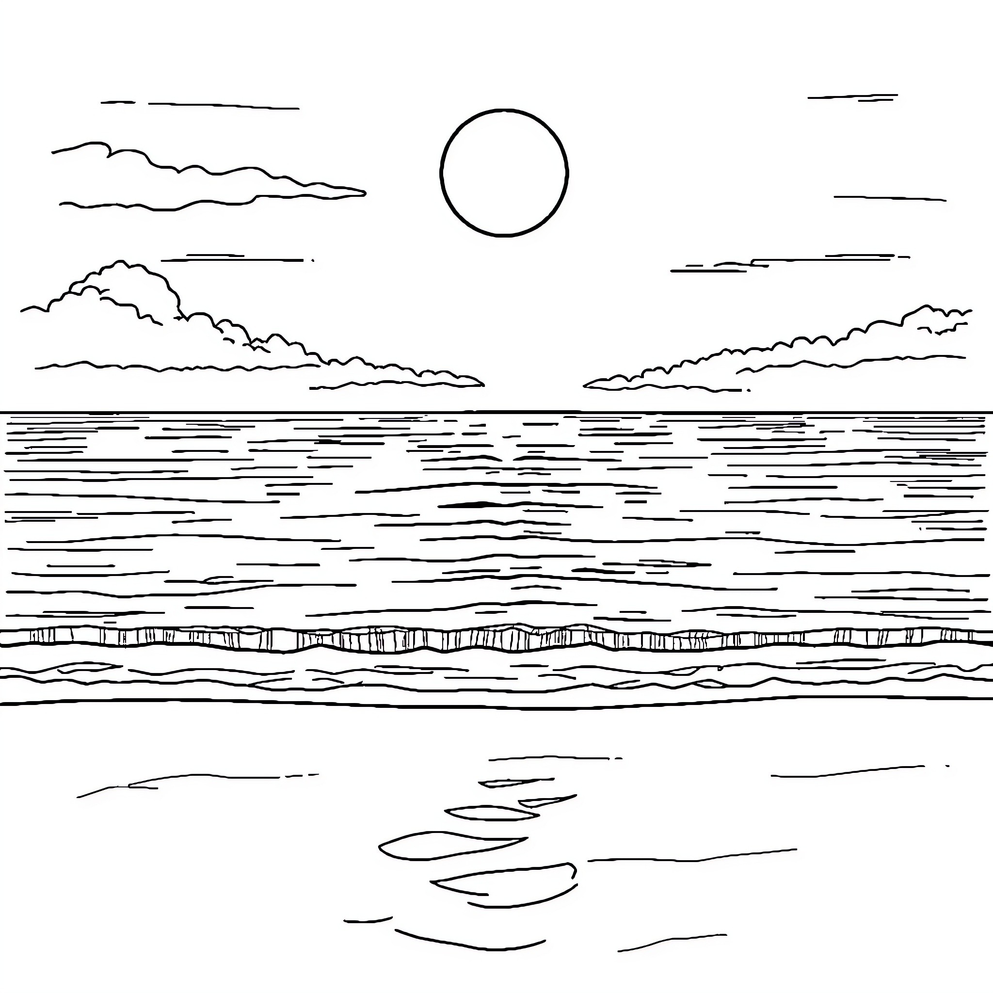 Sun and Moon over Serene Ocean Landscape Coloring Page (free black-and-white line drawing printable PDF for all, from beginners to advanced learners, including children, teens, adults, and seniors)