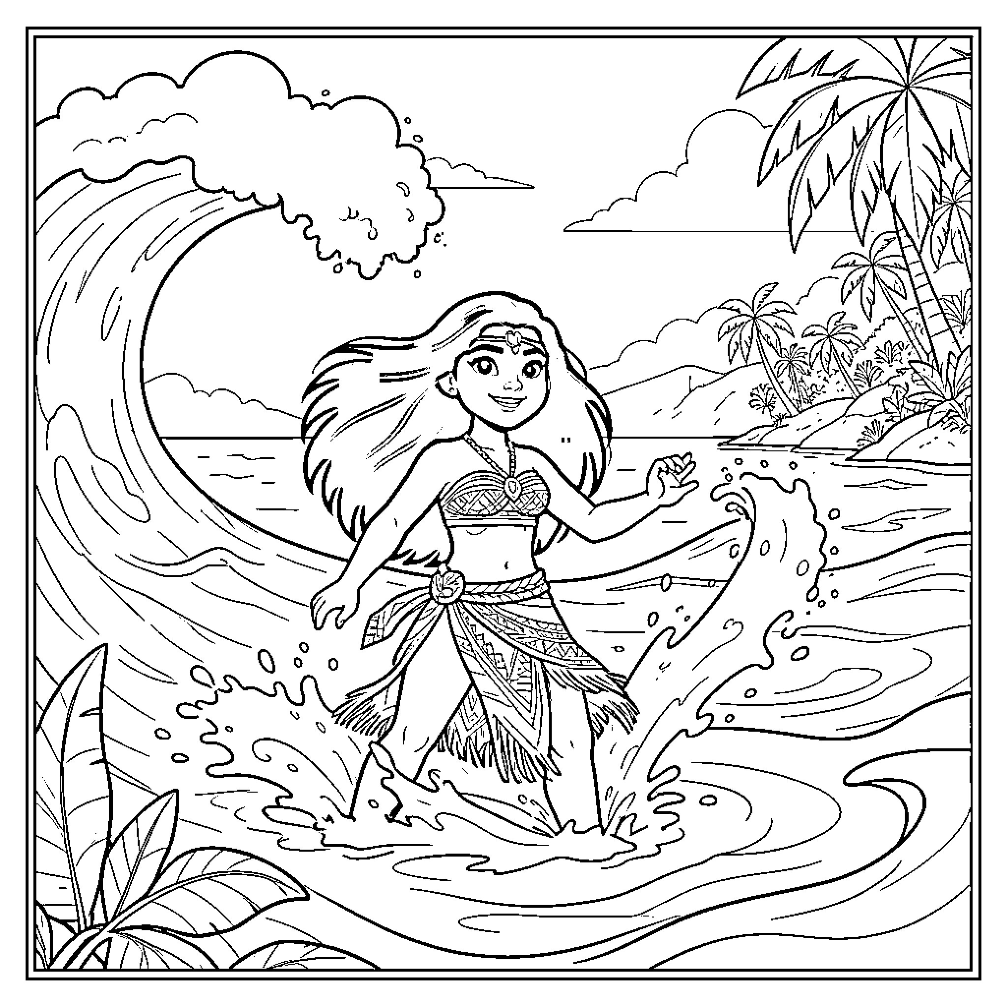 Moana walking through ocean waves near tropical palm trees Coloring Page (free black-and-white line drawing printable PDF for all, from beginners to advanced learners, including children, teens, adults, and seniors)
