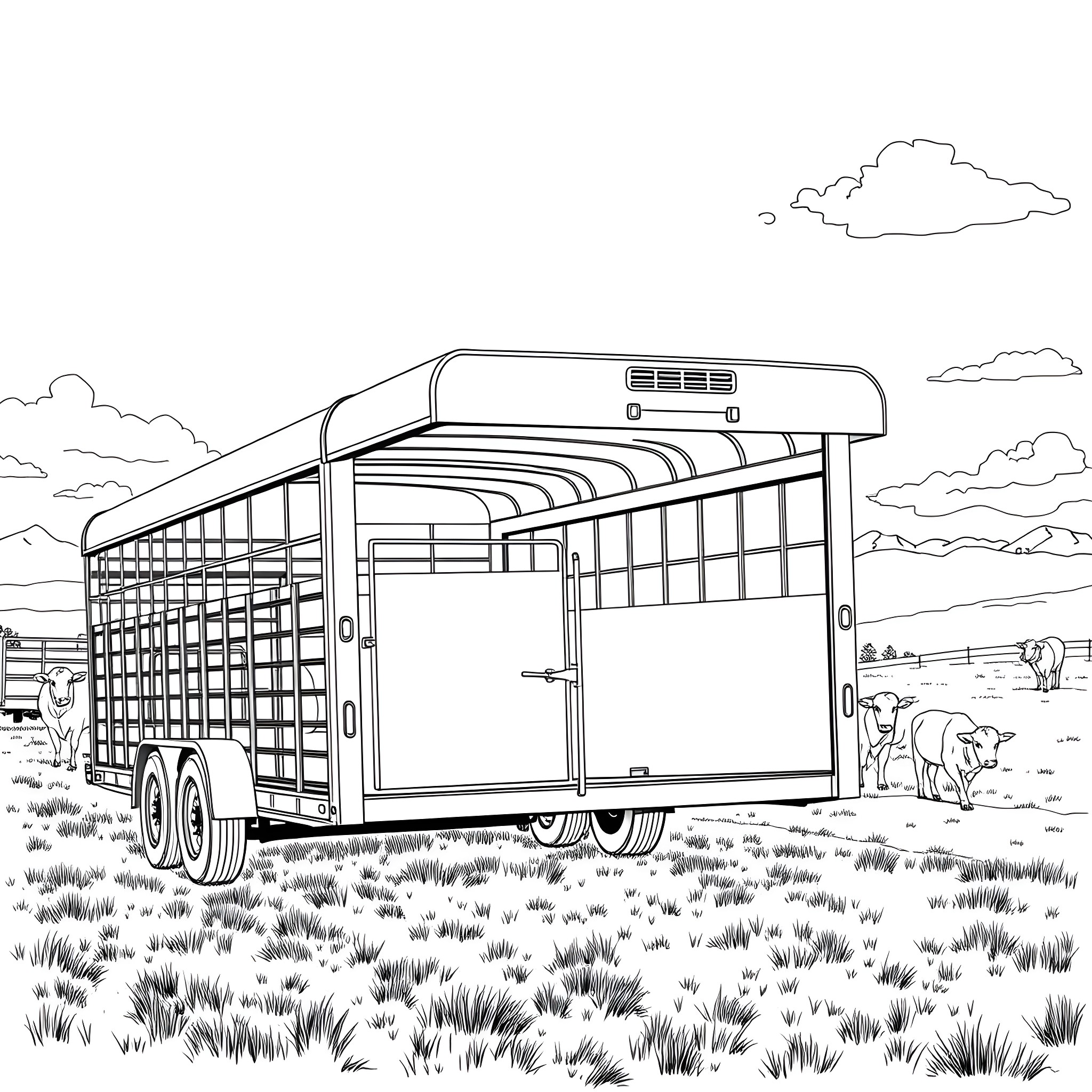 Gooseneck Trailer hauling livestock in the countryside Coloring Page (free black-and-white line drawing printable PDF for all, from beginners to advanced learners, including children, teens, adults, and seniors)