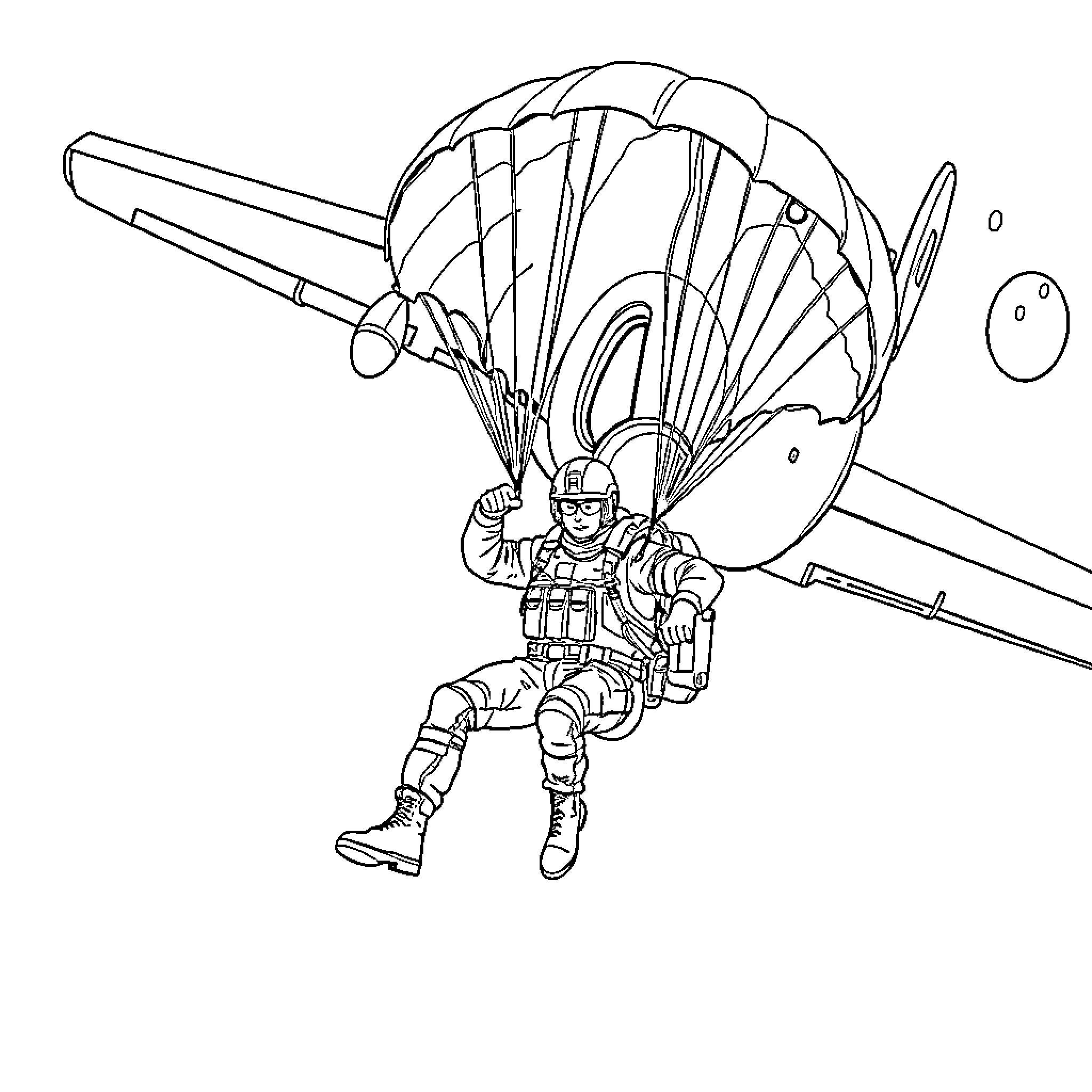 Soldier parachuting from military aircraft Coloring Page (free black-and-white line drawing printable PDF for all, from beginners to advanced learners, including children, teens, adults, and seniors)