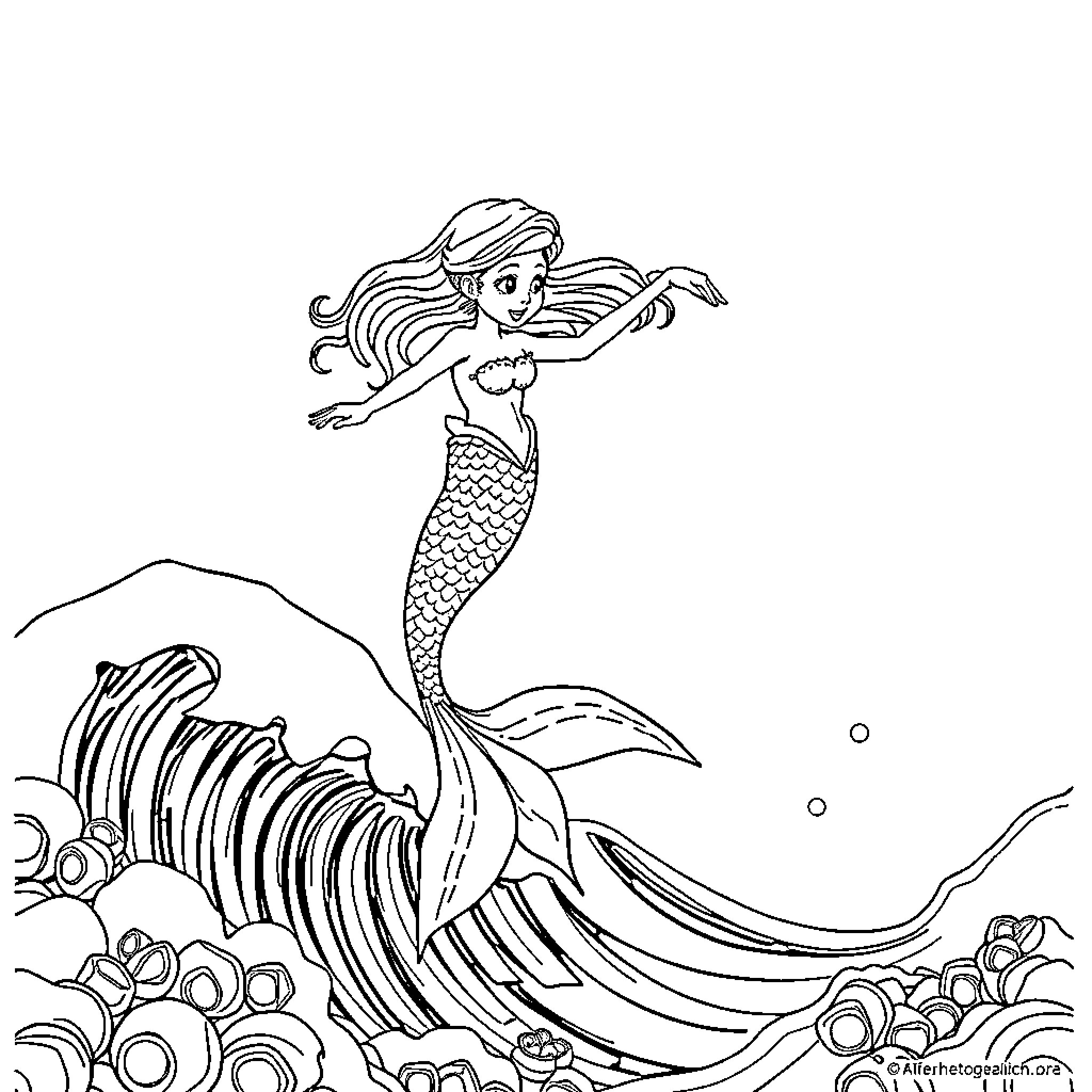 Mermaid exploring the underwater seascape Coloring Page (free black-and-white line drawing printable PDF for all, from beginners to advanced learners, including children, teens, adults, and seniors)
