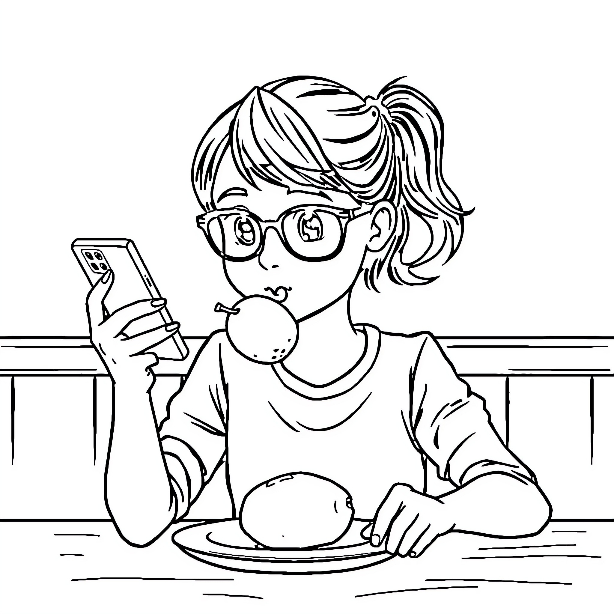 Girl using smartphone while having a snack Coloring Page (free black-and-white line drawing printable PDF for all, from beginners to advanced learners, including children, teens, adults, and seniors)