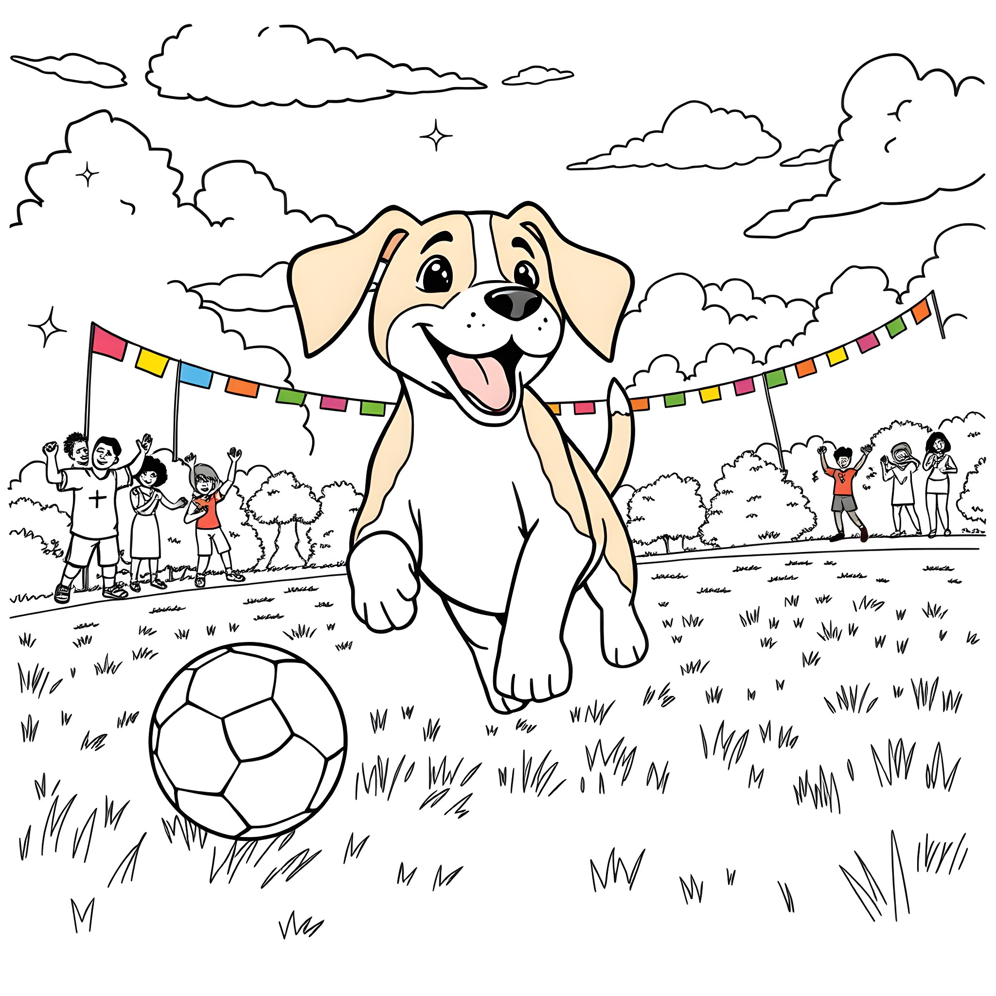 Beagle playing with a soccer ball at a festive event Coloring Page (free black-and-white line drawing printable PDF for all, from beginners to advanced learners, including children, teens, adults, and seniors)