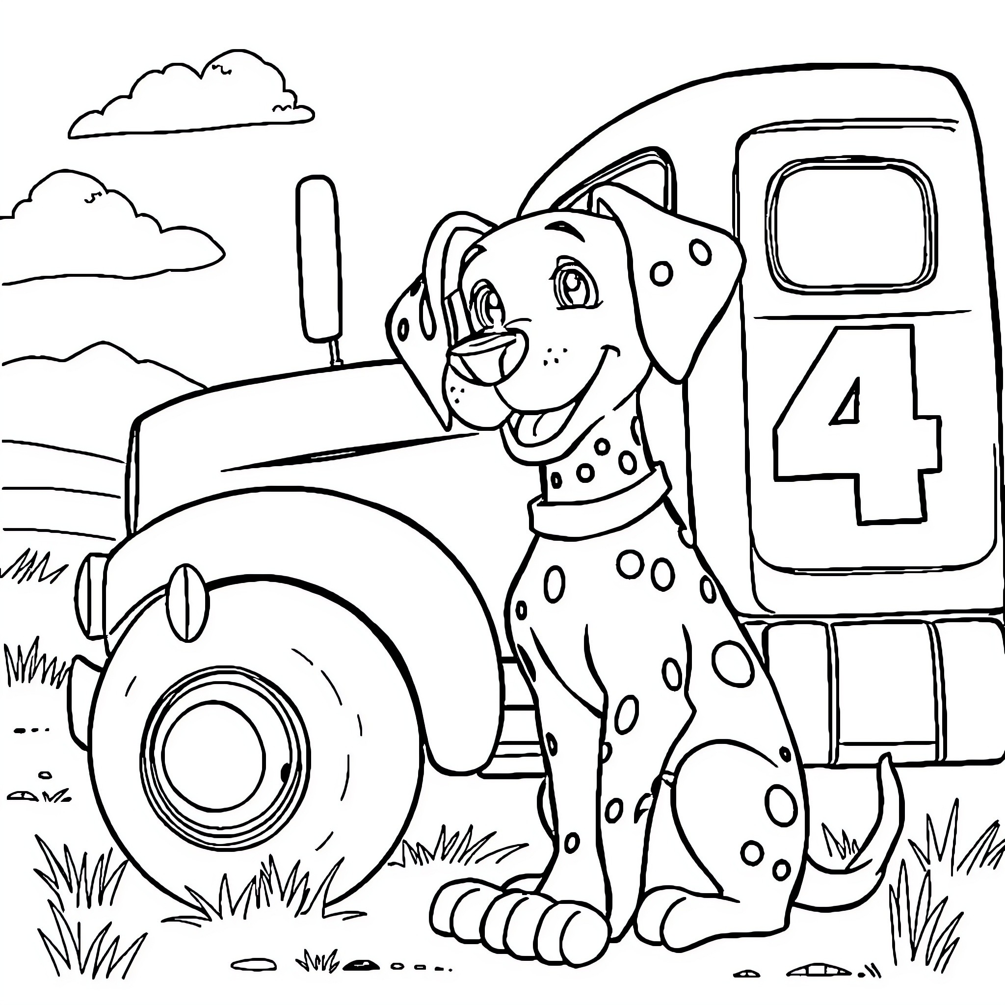 Dalmatian dog riding a tractor on the farm Coloring Page (free black-and-white line drawing printable PDF for all, from beginners to advanced learners, including children, teens, adults, and seniors)