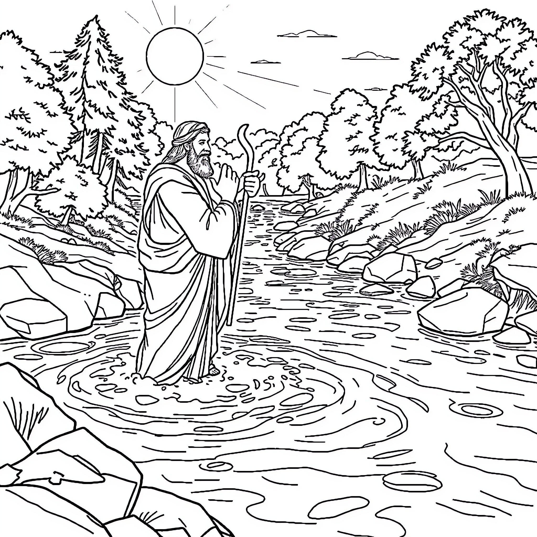 John the Baptist preaching in the wilderness Coloring Page (free black-and-white line drawing printable PDF for all, from beginners to advanced learners, including children, teens, adults, and seniors)