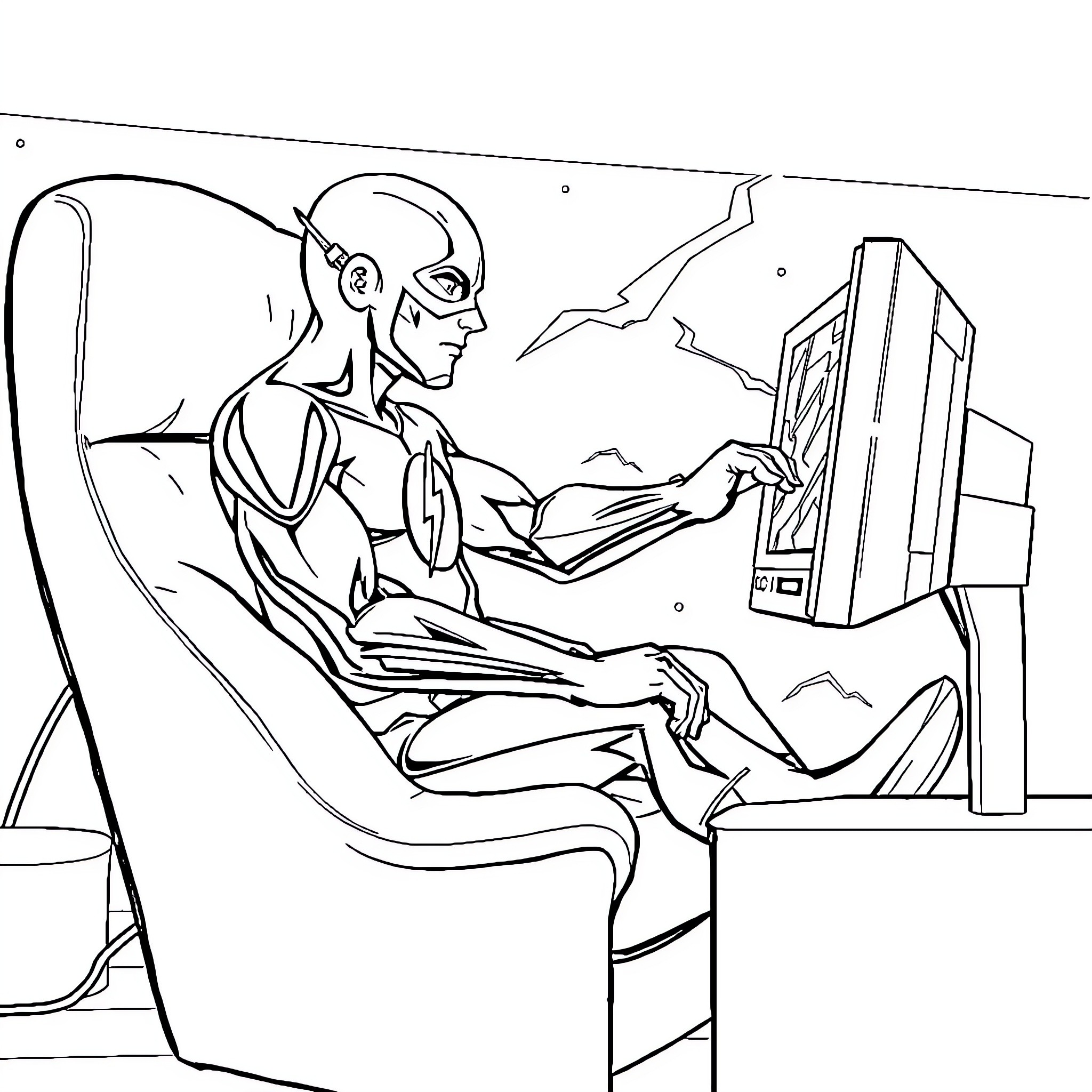 Flash Gamer Battling Cosmic Challenges Coloring Page (free black-and-white line drawing printable PDF for all, from beginners to advanced learners, including children, teens, adults, and seniors)