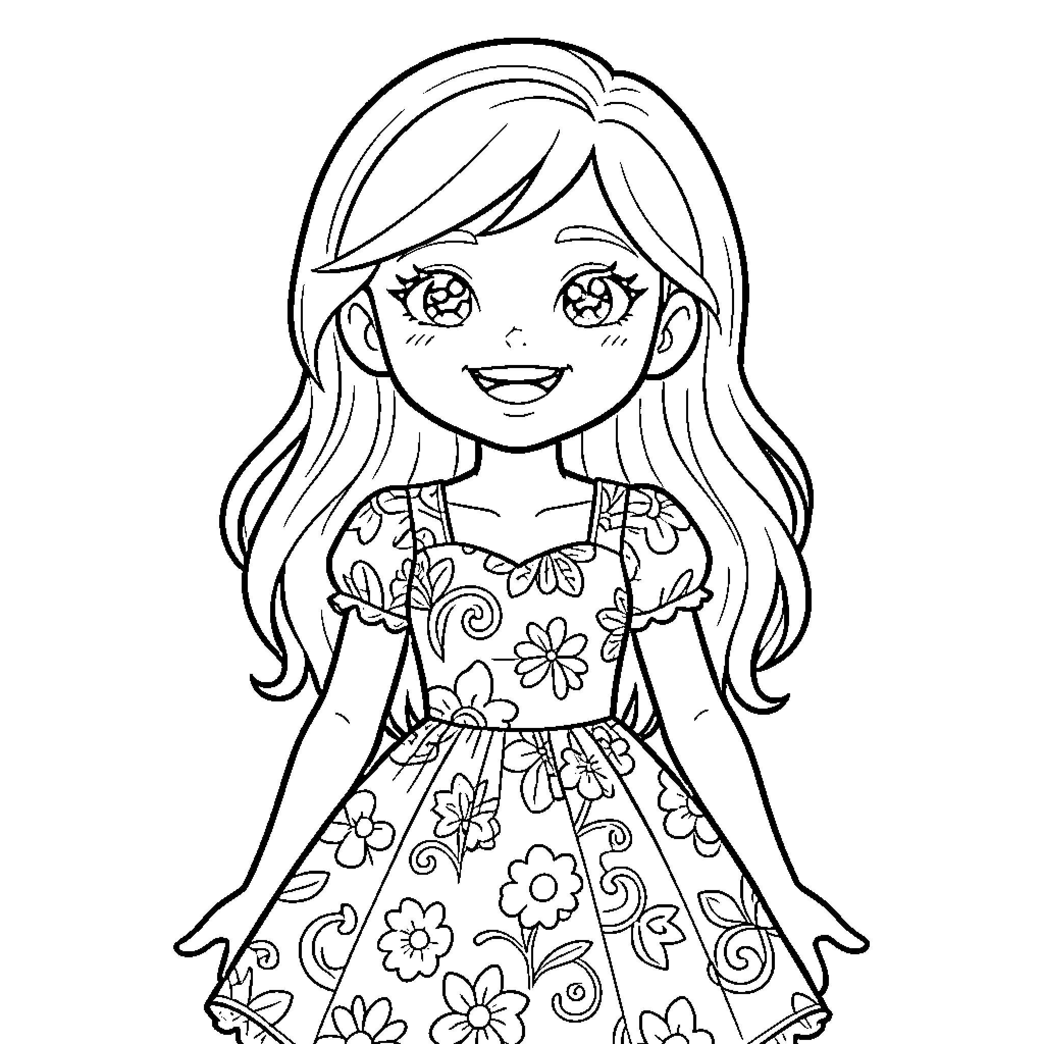 Cami's Floral Delight - A Cheerful Girl in a Flowery Dress Coloring Page (free black-and-white line drawing printable PDF for all, from beginners to advanced learners, including children, teens, adults, and seniors)