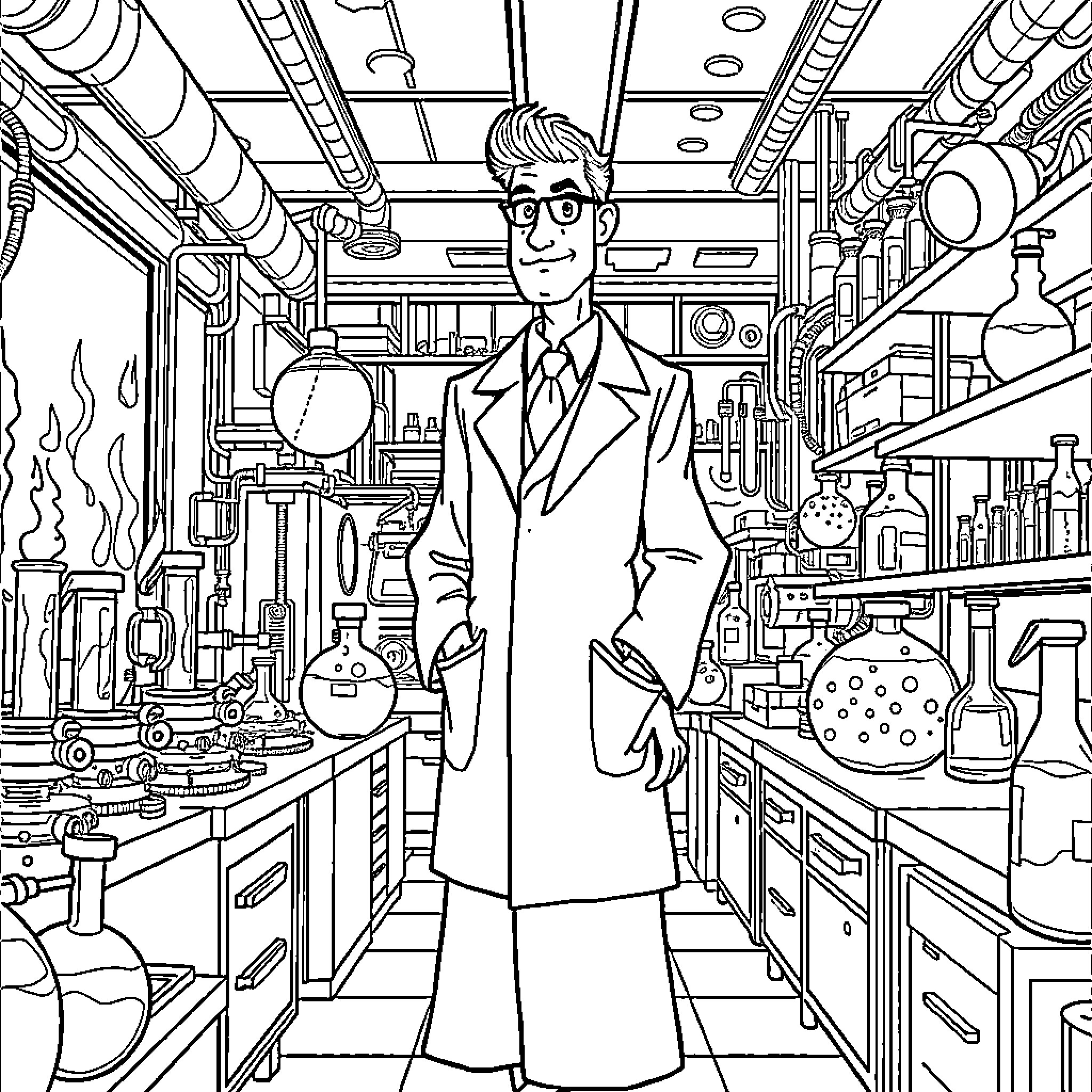 Doktor Maxilla in his Laboratory Workspace Coloring Page (free black-and-white line drawing printable PDF for all, from beginners to advanced learners, including children, teens, adults, and seniors)
