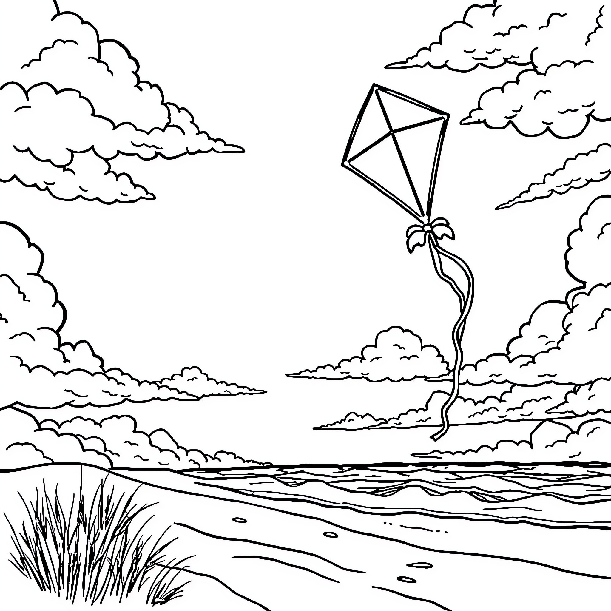 Kite soaring in the windy sky Coloring Page (free black-and-white line drawing printable PDF for all, from beginners to advanced learners, including children, teens, adults, and seniors)