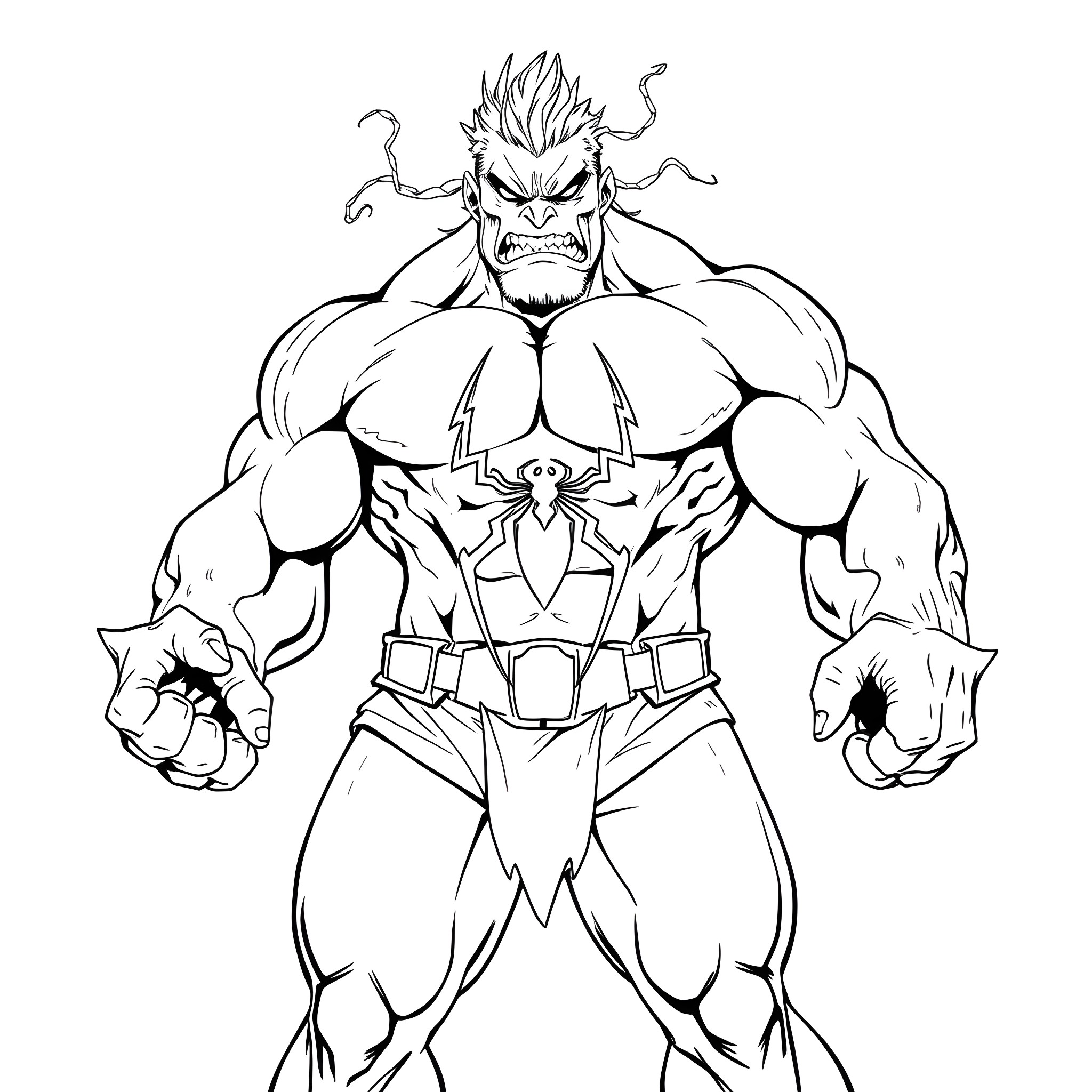 Hulk demonstrating powerful stance and fierce expression Coloring Page (free black-and-white line drawing printable PDF for all, from beginners to advanced learners, including children, teens, adults, and seniors)