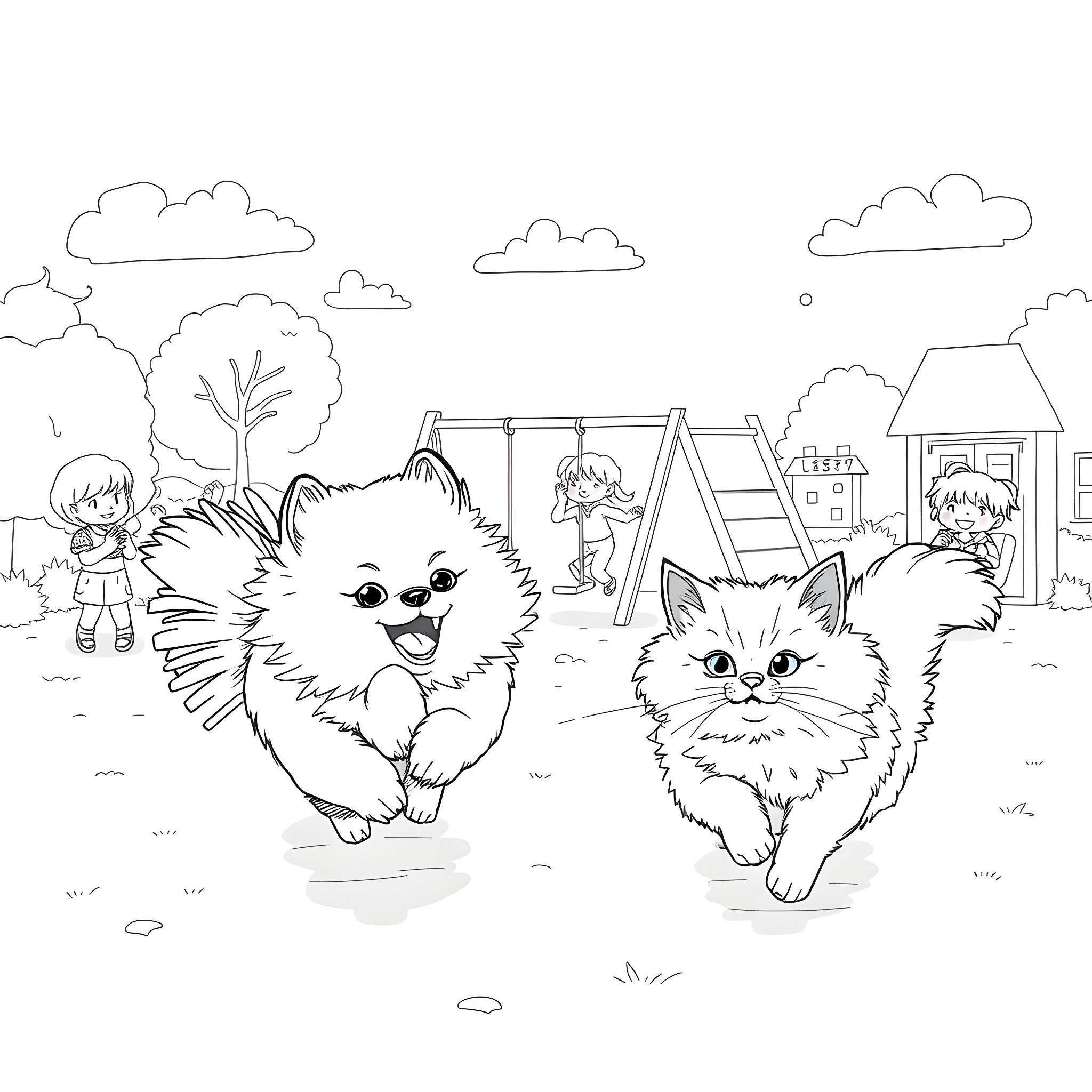 Pomeranian puppies playing joyfully in the park Coloring Page (free black-and-white line drawing printable PDF for all, from beginners to advanced learners, including children, teens, adults, and seniors)