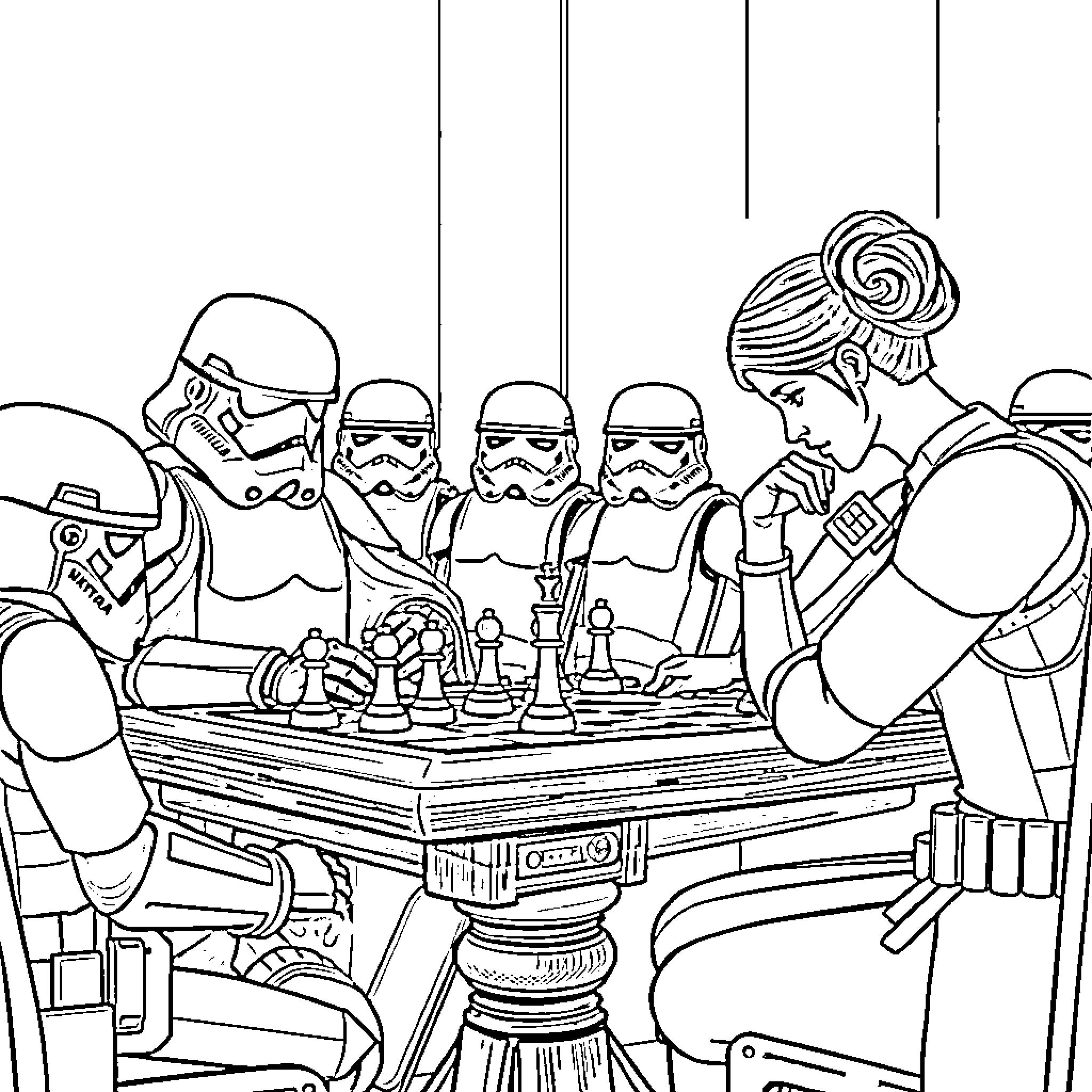 Lord Vather and Stormtroopers Playing Chess Coloring Page (free black-and-white line drawing printable PDF for all, from beginners to advanced learners, including children, teens, adults, and seniors)