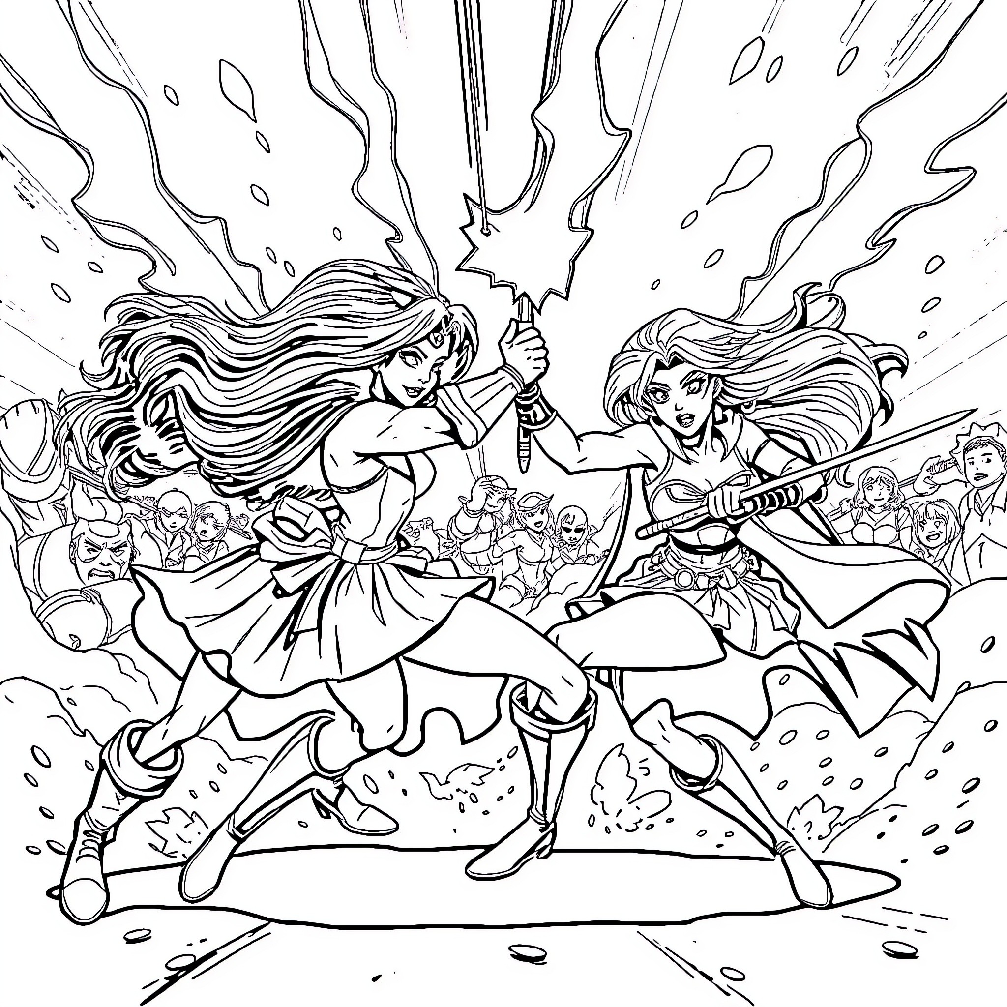 Powerpuff Girls Heroically Battling Villains Coloring Page (free black-and-white line drawing printable PDF for all, from beginners to advanced learners, including children, teens, adults, and seniors)