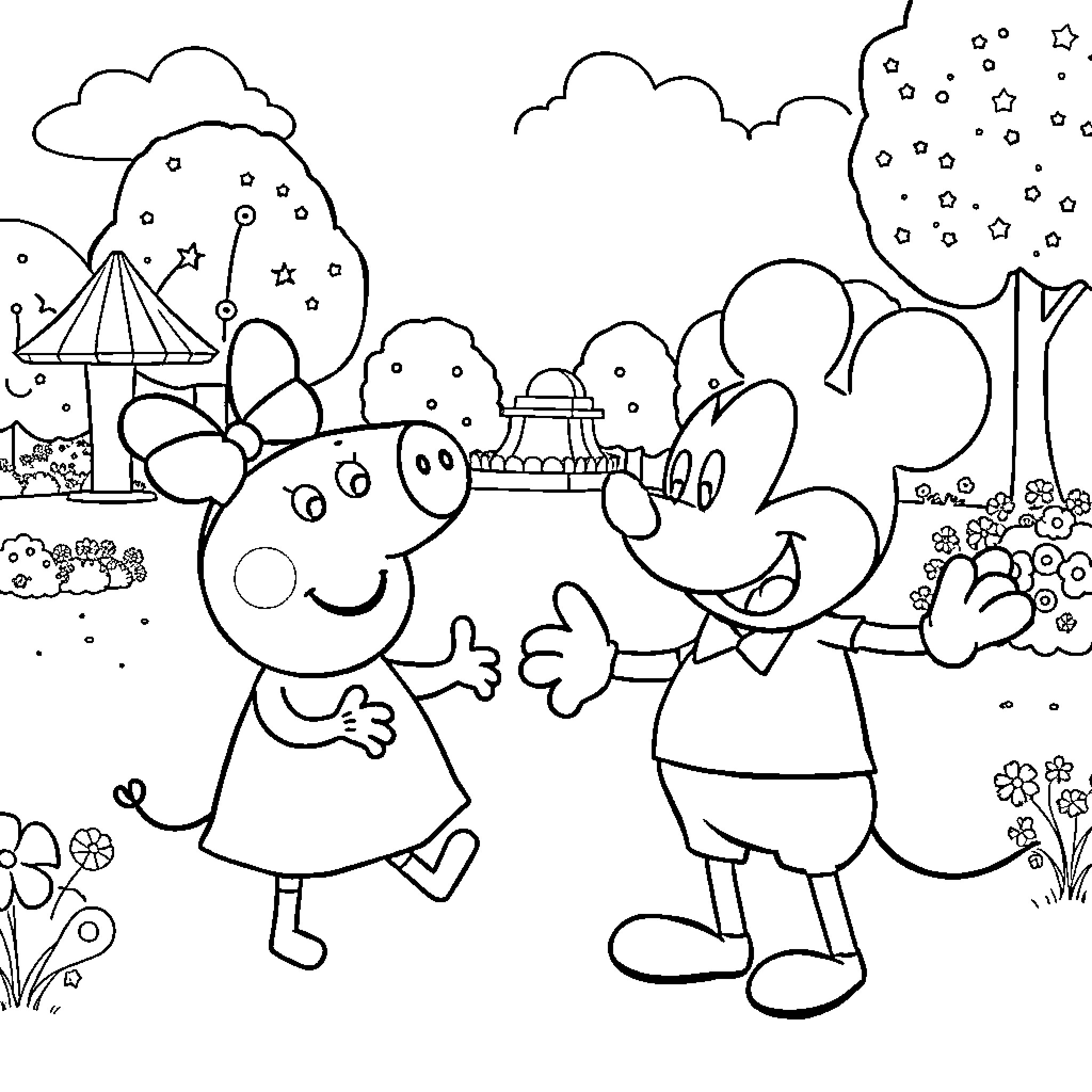 Pig friends exploring a whimsical playground Coloring Page (free black-and-white line drawing printable PDF for all, from beginners to advanced learners, including children, teens, adults, and seniors)