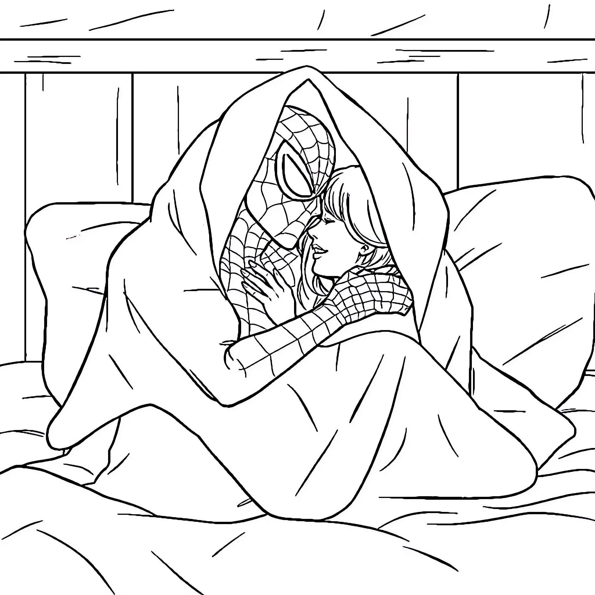 Spiderman huddled in a dark alley Coloring Page (free black-and-white line drawing printable PDF for all, from beginners to advanced learners, including children, teens, adults, and seniors)