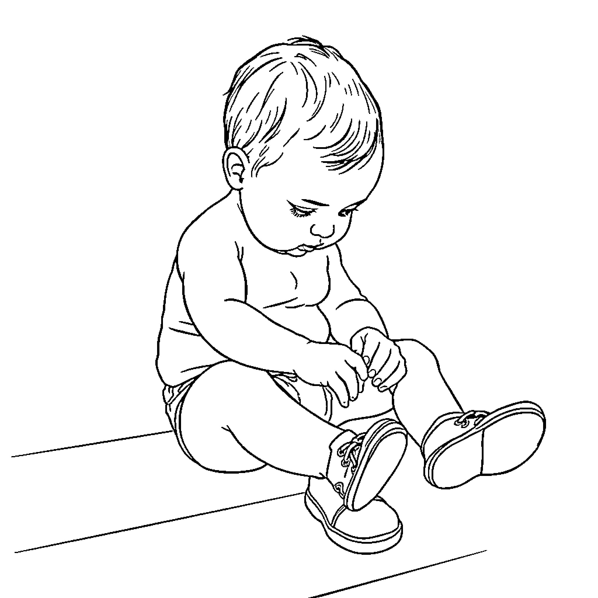 Baby playing with toys on the floor Coloring Page (free black-and-white line drawing printable PDF for all, from beginners to advanced learners, including children, teens, adults, and seniors)