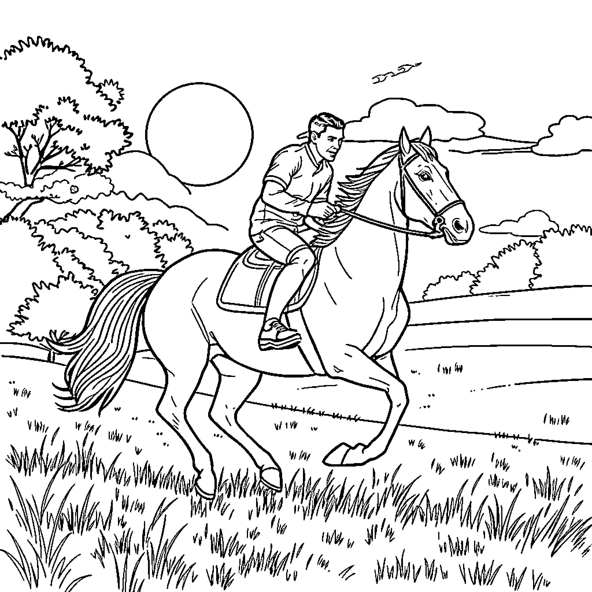 Cristiano riding his horse through the countryside Coloring Page (free black-and-white line drawing printable PDF for all, from beginners to advanced learners, including children, teens, adults, and seniors)