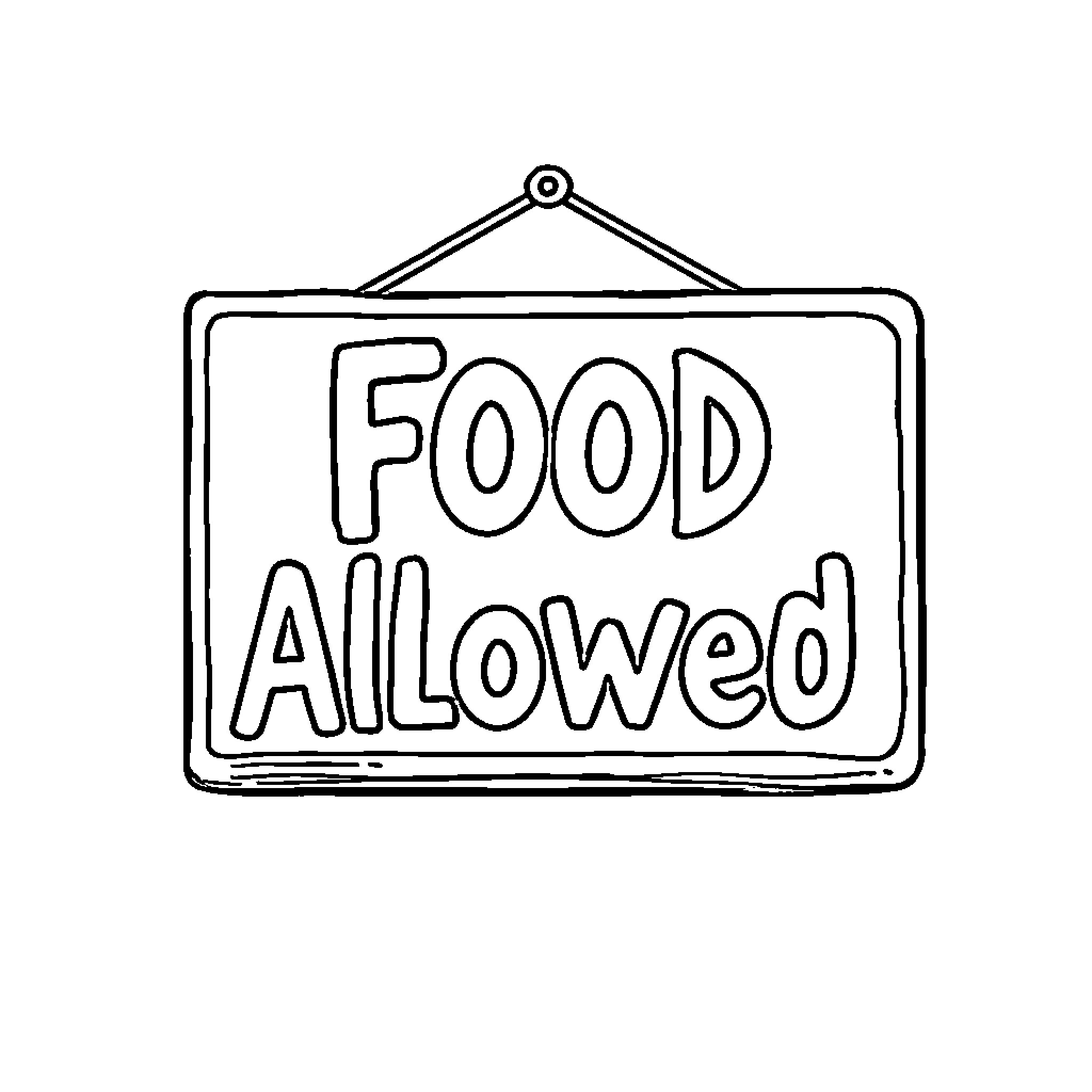 Food Allowed Sign Hanging on Wall Coloring Page (free black-and-white line drawing printable PDF for all, from beginners to advanced learners, including children, teens, adults, and seniors)