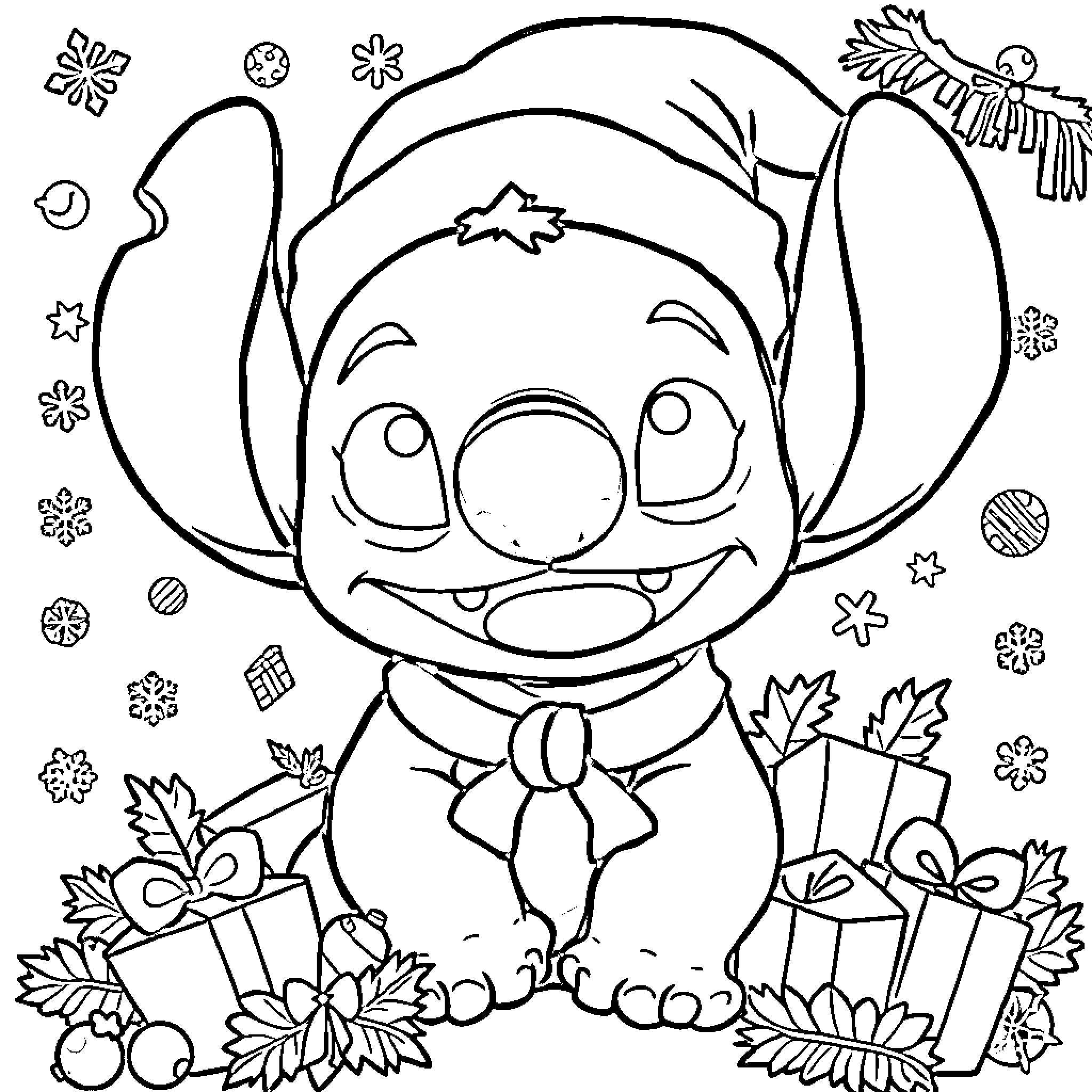 Christmas Stitch with Festive Cheer Coloring Page (free black-and-white line drawing printable PDF for all, from beginners to advanced learners, including children, teens, adults, and seniors)