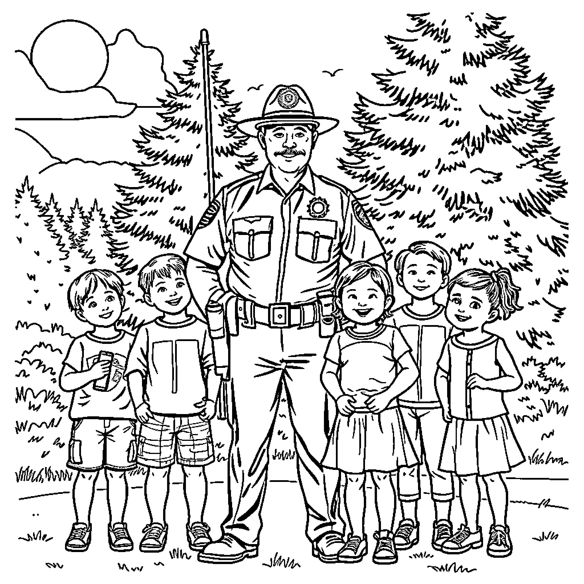 Trooper guides group of children in the forest Coloring Page (free black-and-white line drawing printable PDF for all, from beginners to advanced learners, including children, teens, adults, and seniors)