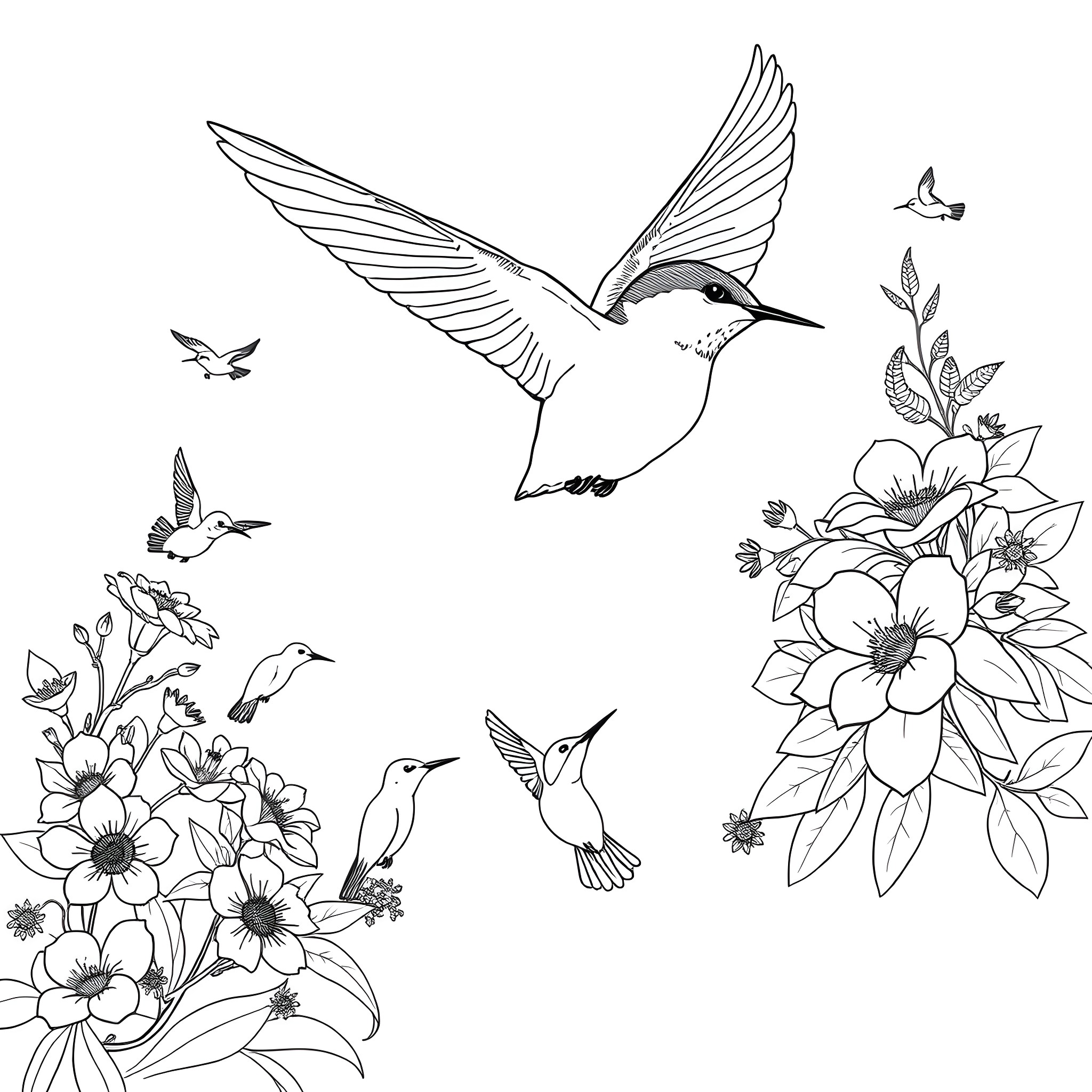 Chickadee dancing among blooming flowers and butterflies Coloring Page (free black-and-white line drawing printable PDF for all, from beginners to advanced learners, including children, teens, adults, and seniors)