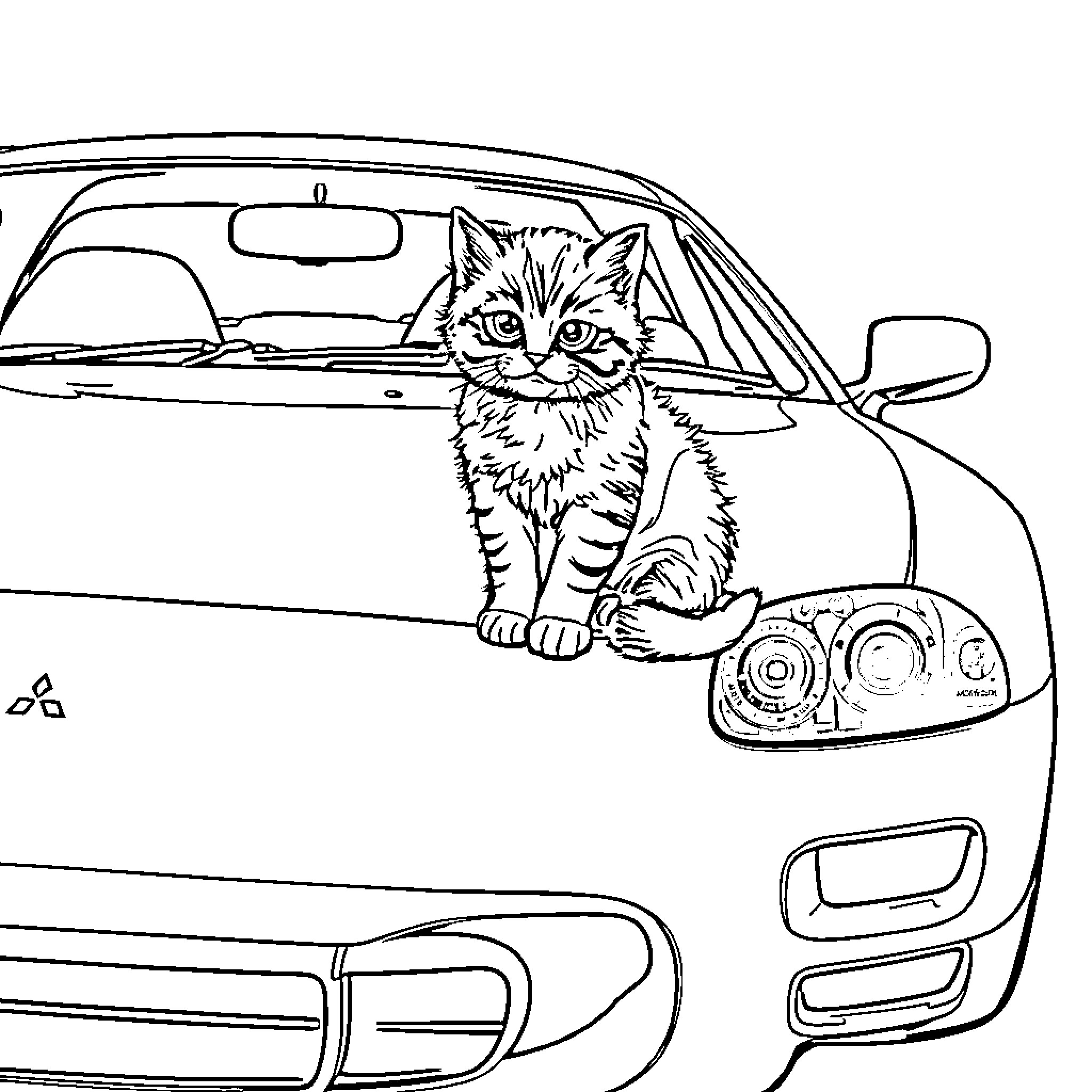 Kitten peering curiously out of a car Coloring Page (free black-and-white line drawing printable PDF for all, from beginners to advanced learners, including children, teens, adults, and seniors)