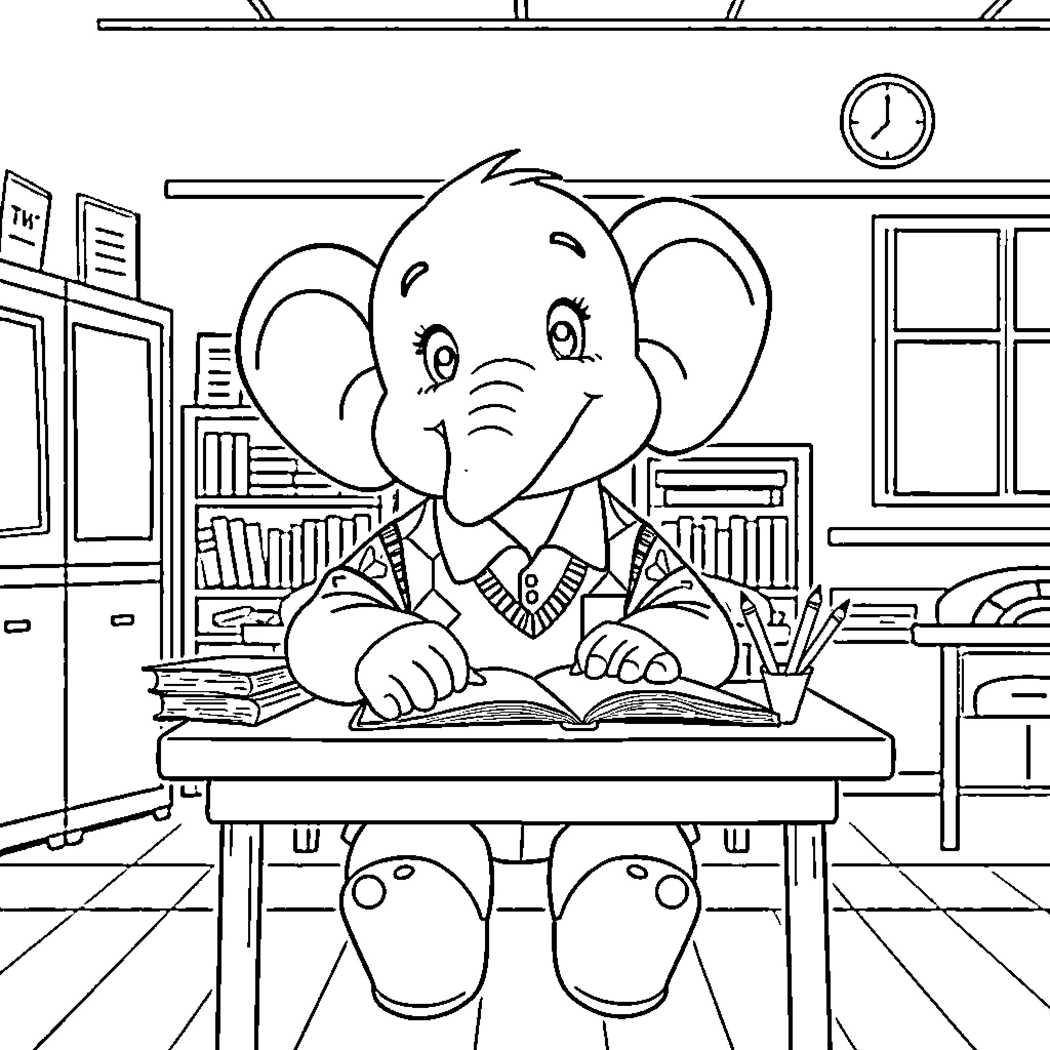 Elephant studying diligently in the classroom Coloring Page (free black-and-white line drawing printable PDF for all, from beginners to advanced learners, including children, teens, adults, and seniors)