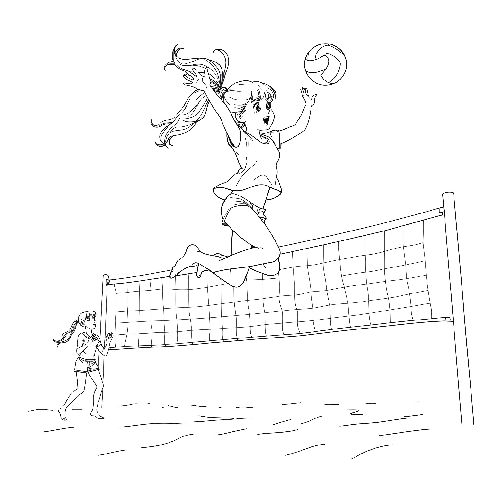 Volleyball Girl Jumping High to Spike the Ball Coloring Page (free black-and-white line drawing printable PDF for all, from beginners to advanced learners, including children, teens, adults, and seniors)