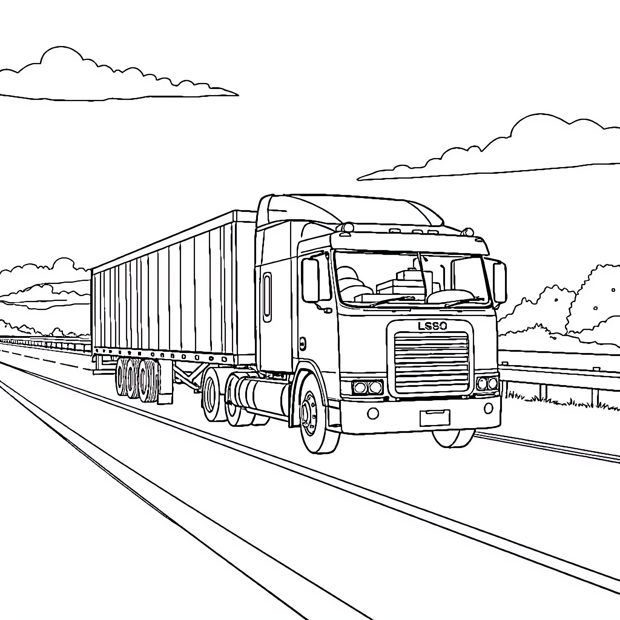 Truck transporting cargo on the highway Coloring Page (free black-and-white line drawing printable PDF for all, from beginners to advanced learners, including children, teens, adults, and seniors)