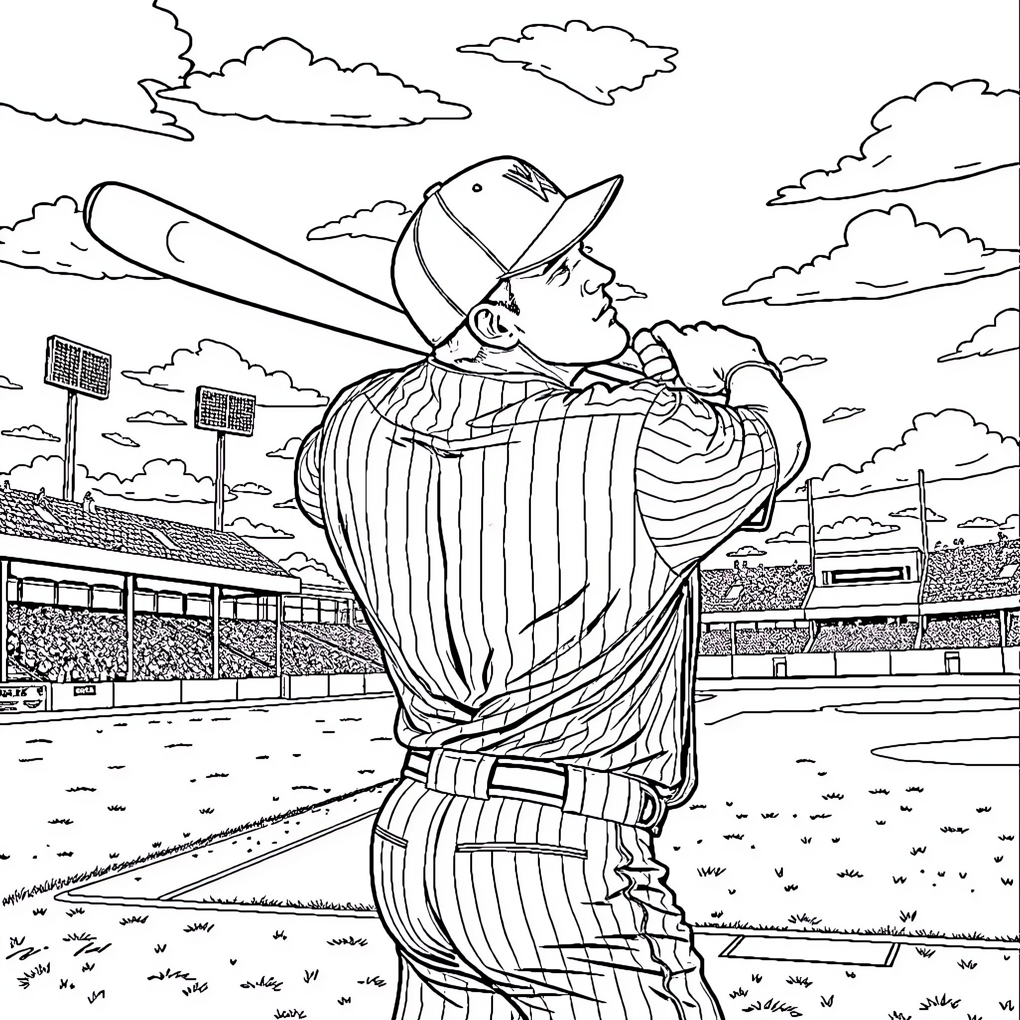 John Cena playing baseball in the stadium Coloring Page (free black-and-white line drawing printable PDF for all, from beginners to advanced learners, including children, teens, adults, and seniors)