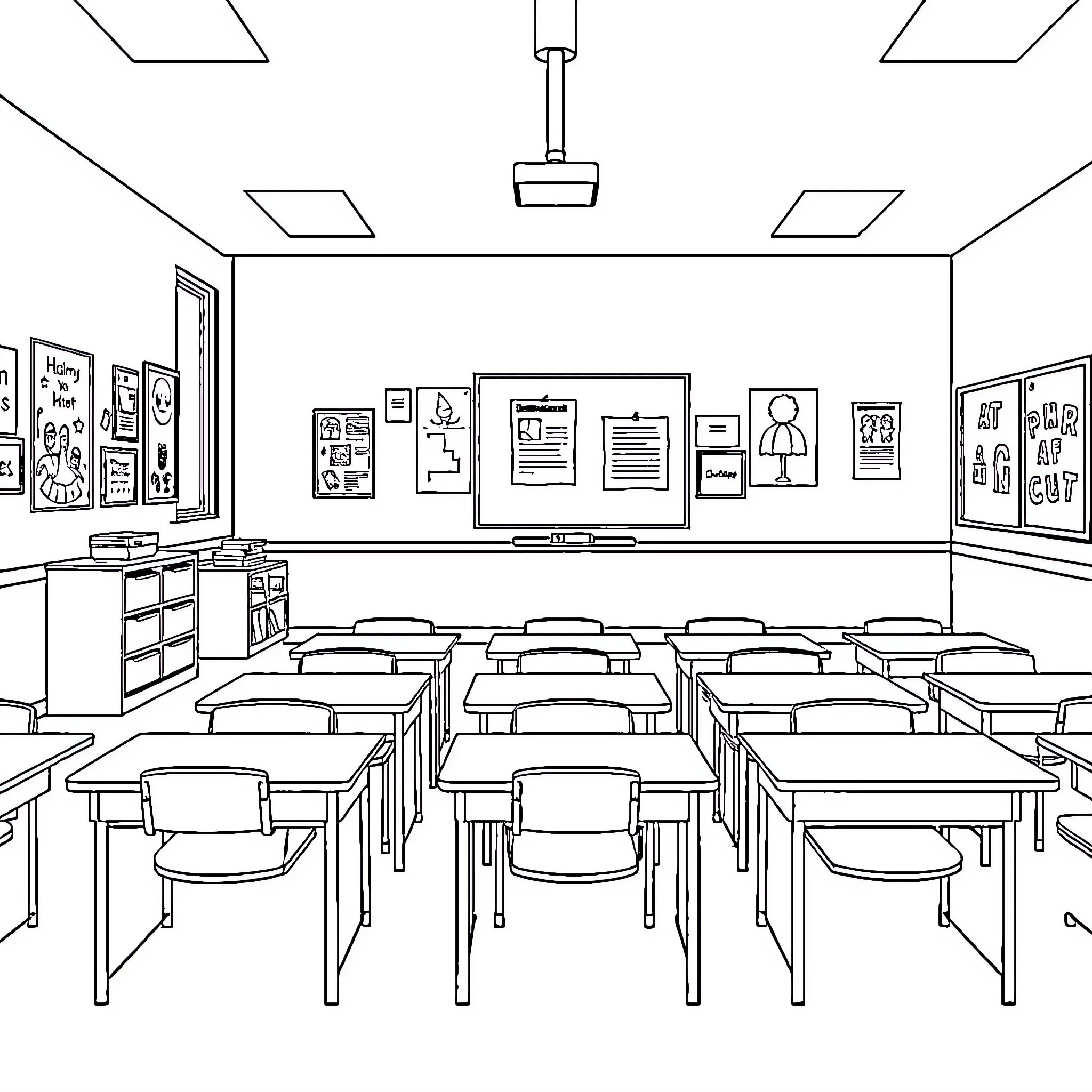 Classroom with desks and teaching materials Coloring Page (free black-and-white line drawing printable PDF for all, from beginners to advanced learners, including children, teens, adults, and seniors)
