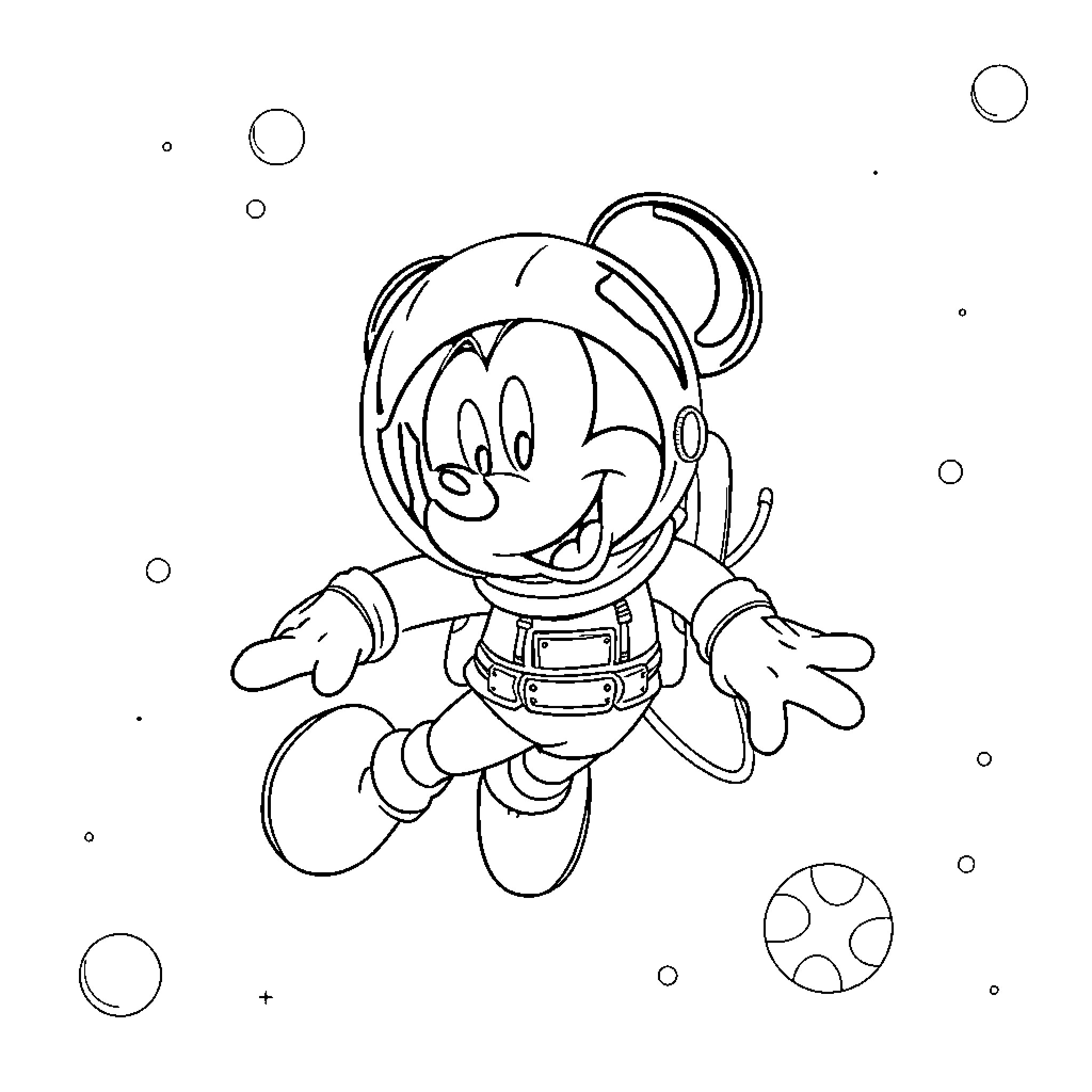 Mickey Mouse in Astronaut Suit Exploring Space Coloring Page (free black-and-white line drawing printable PDF for all, from beginners to advanced learners, including children, teens, adults, and seniors)
