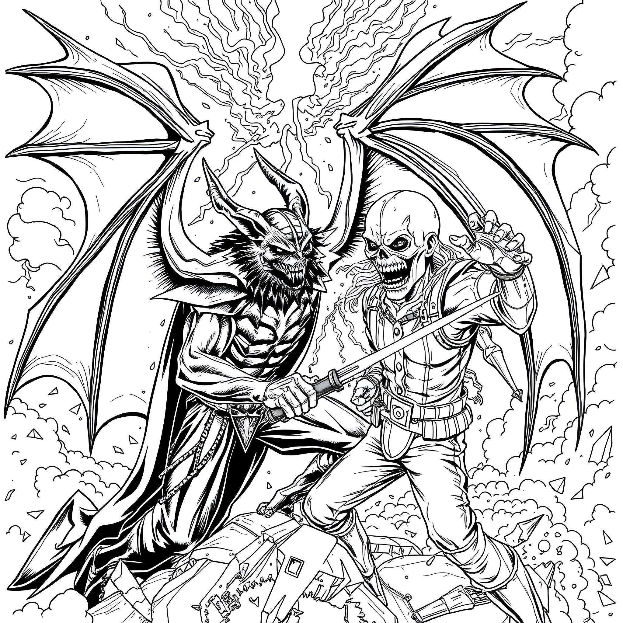 Death Bat confronts the Skeleton Warrior in an epic battle Coloring Page (free black-and-white line drawing printable PDF for all, from beginners to advanced learners, including children, teens, adults, and seniors)