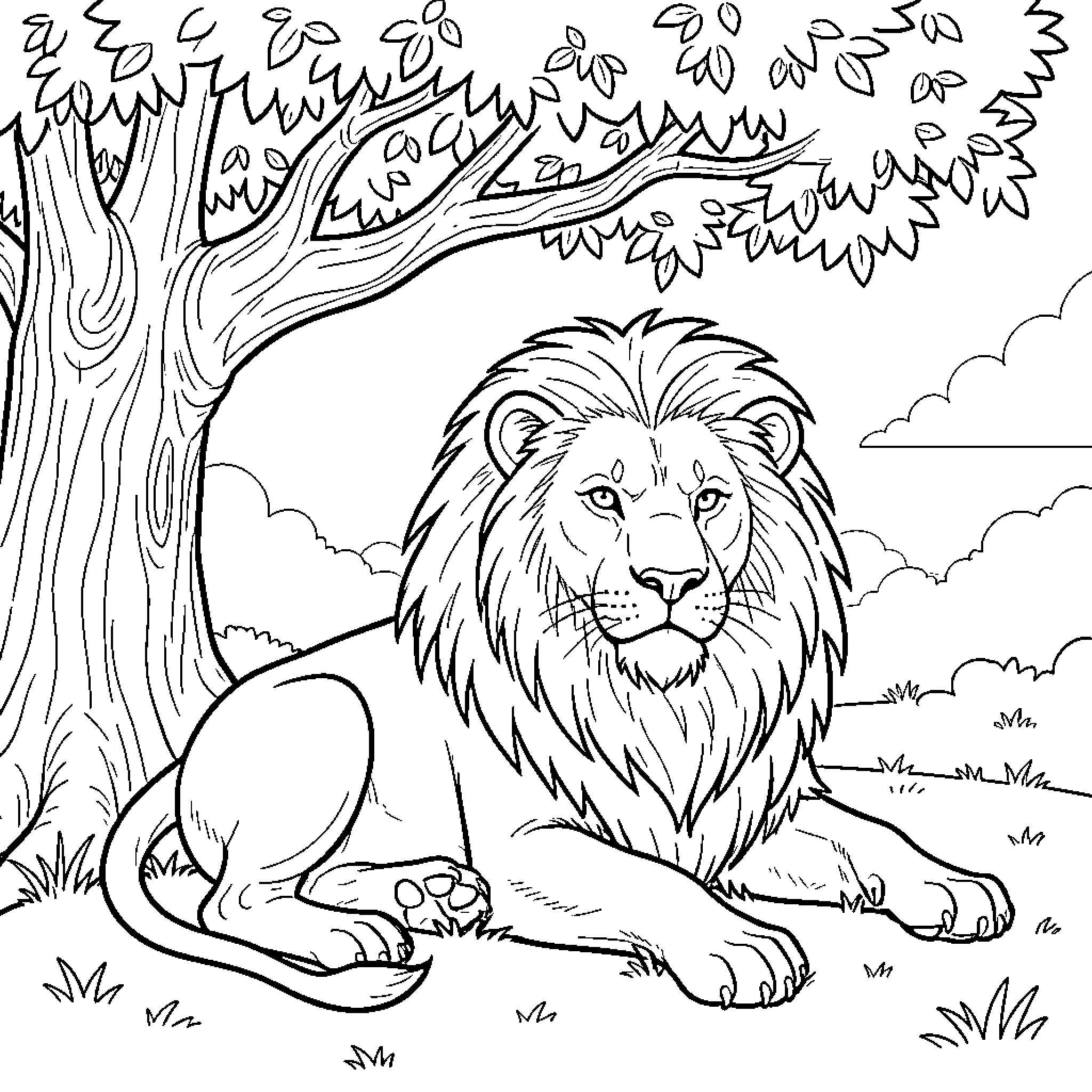 Lion resting peacefully in the serene forest landscape Coloring Page (free black-and-white line drawing printable PDF for all, from beginners to advanced learners, including children, teens, adults, and seniors)